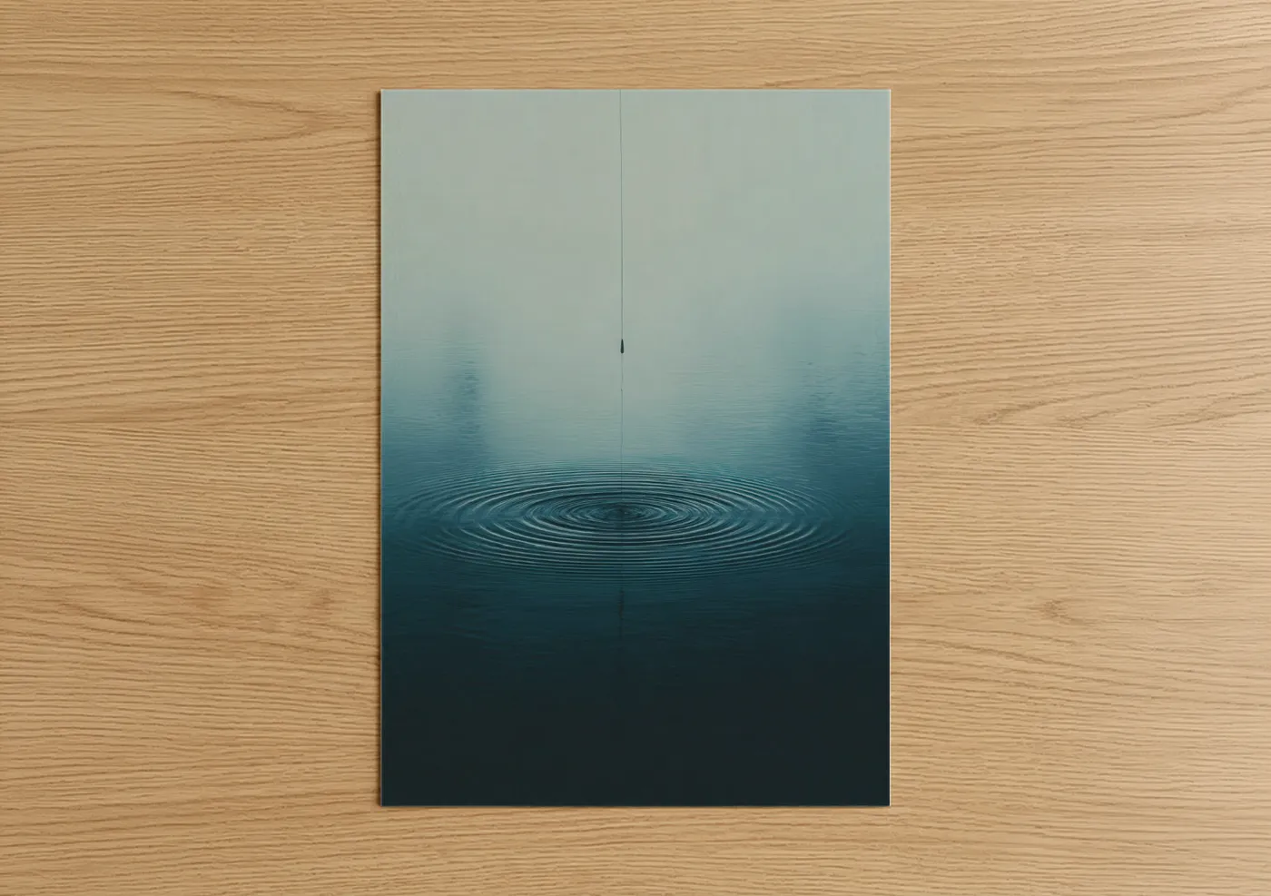 Fishing art print on warm oak wood — blue and sage green palette — Ripple Meditation poster