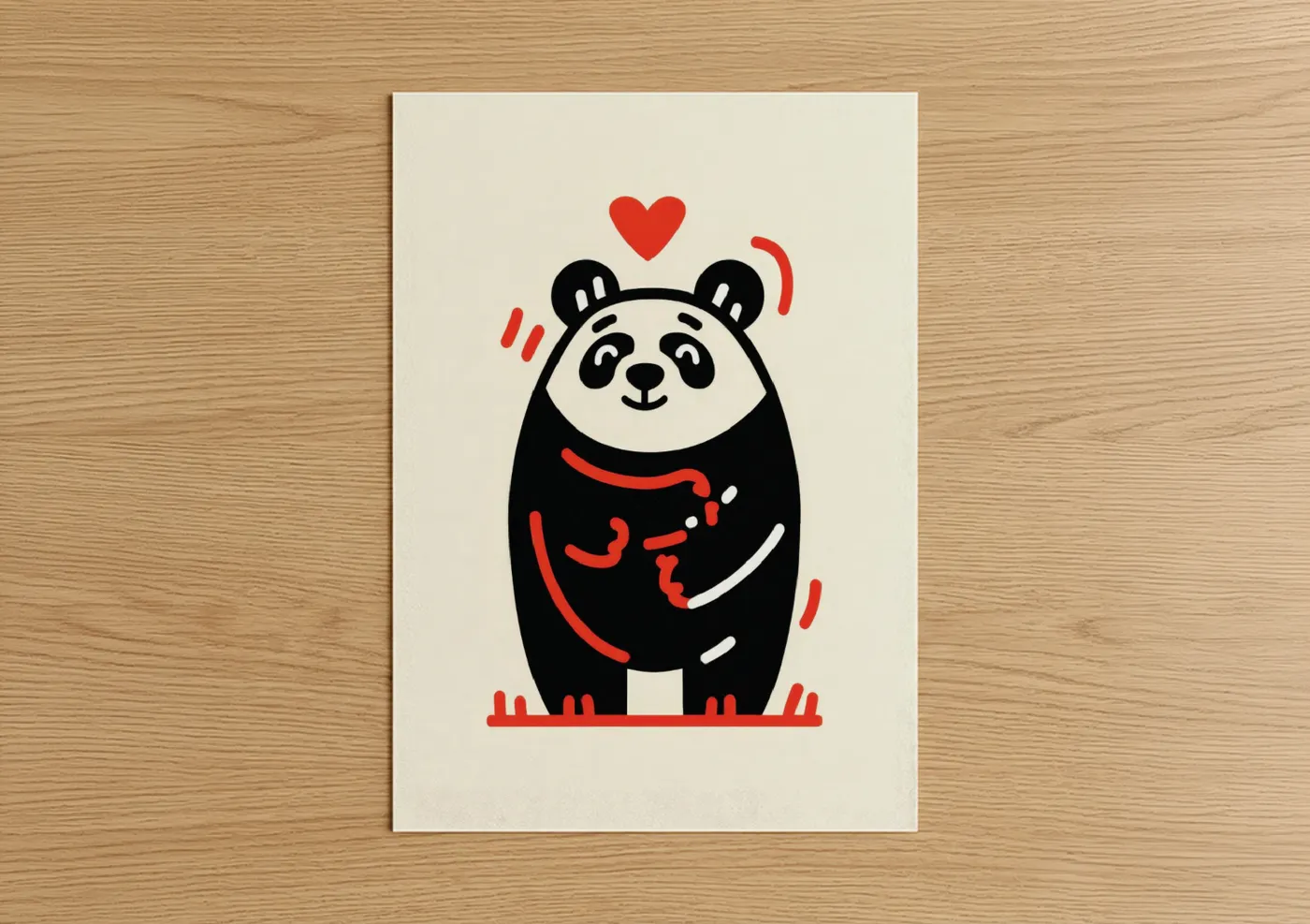 Art print on warm oak wood — red and black and white palette — Loved Panda poster