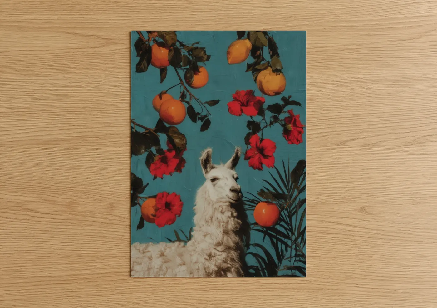 Art print on warm oak wood — teal and orange palette — Turquoise Llama Garden poster