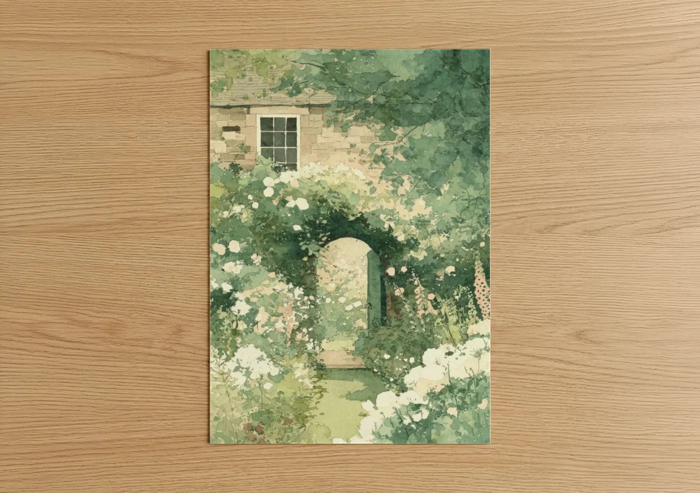 Art print on warm oak wood — light green and cream palette — Ivy Archway poster