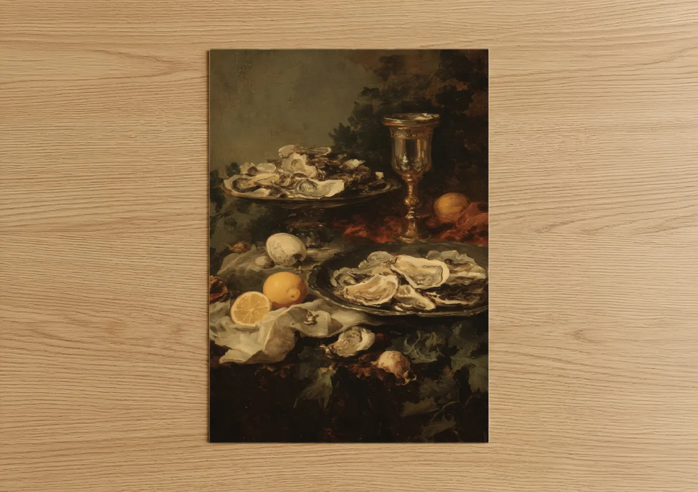 Seafood art print on warm oak wood — gold and brown palette — Oyster Still Life poster