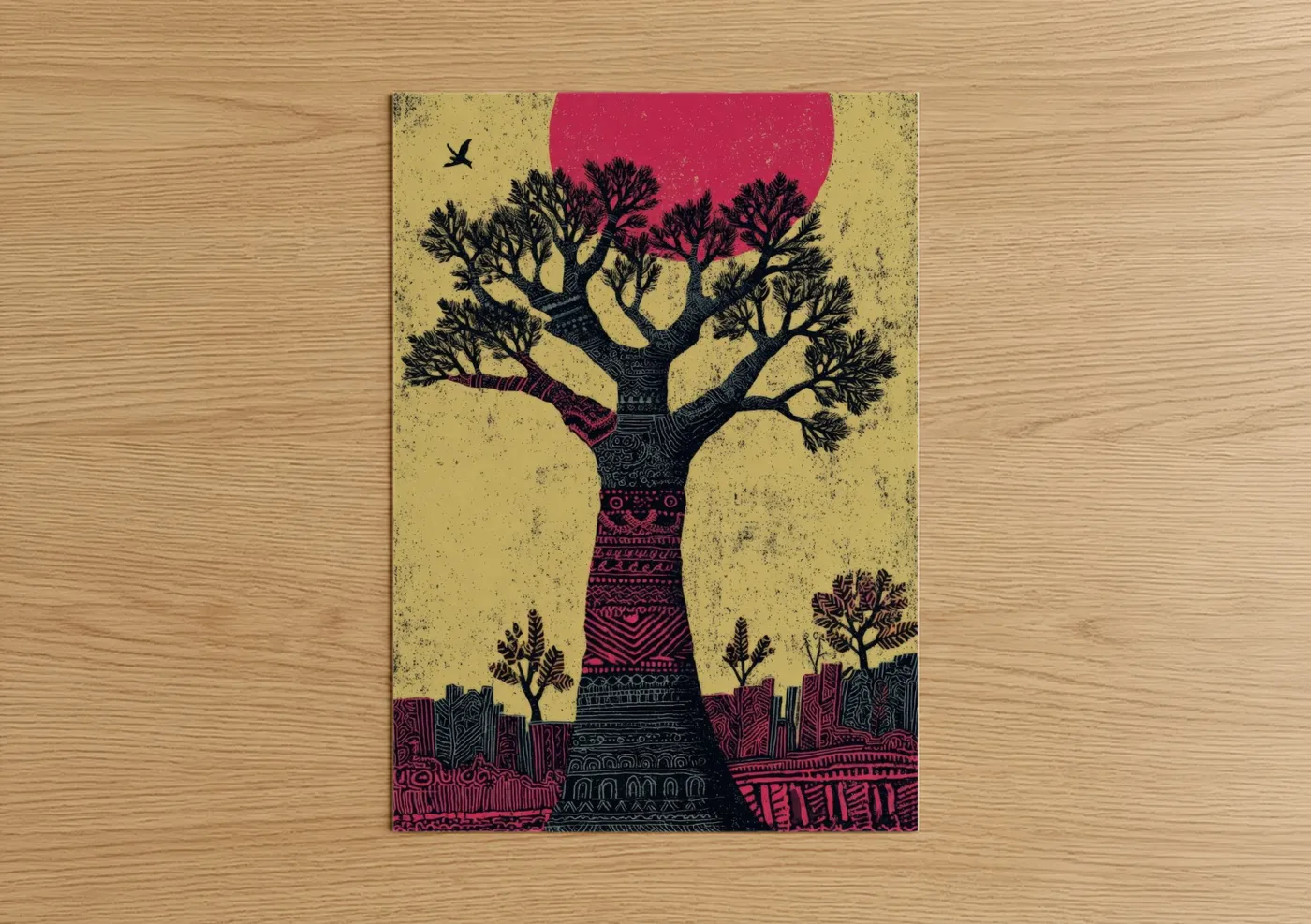 Crimson Baobab Tree Illustration Wall Art