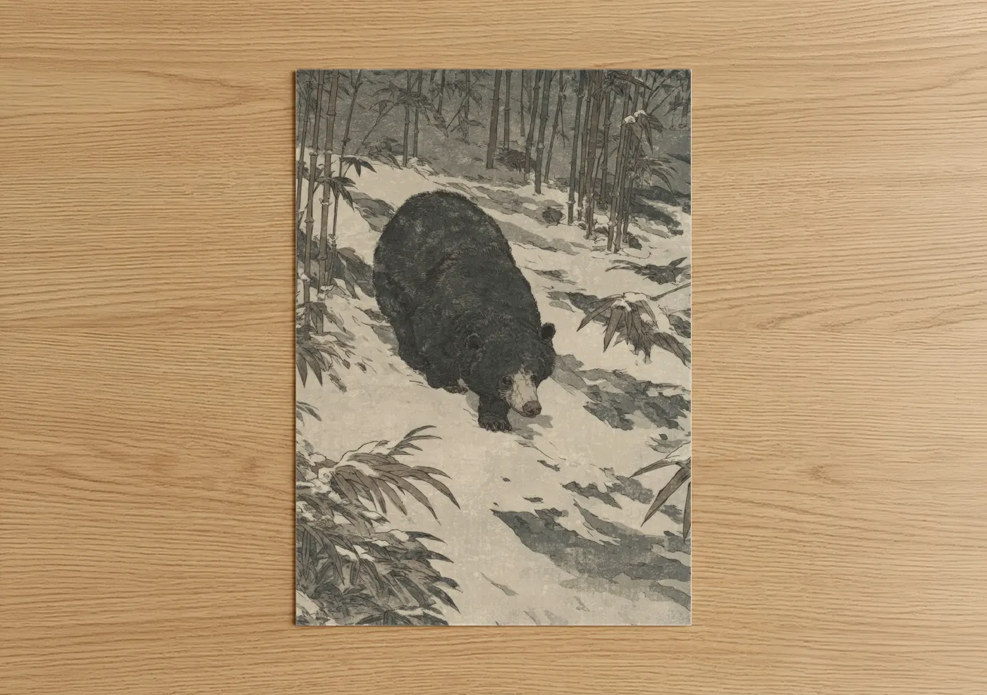 Art print on warm oak wood — gray and white and black and white palette — Snowy Sloth Bear poster