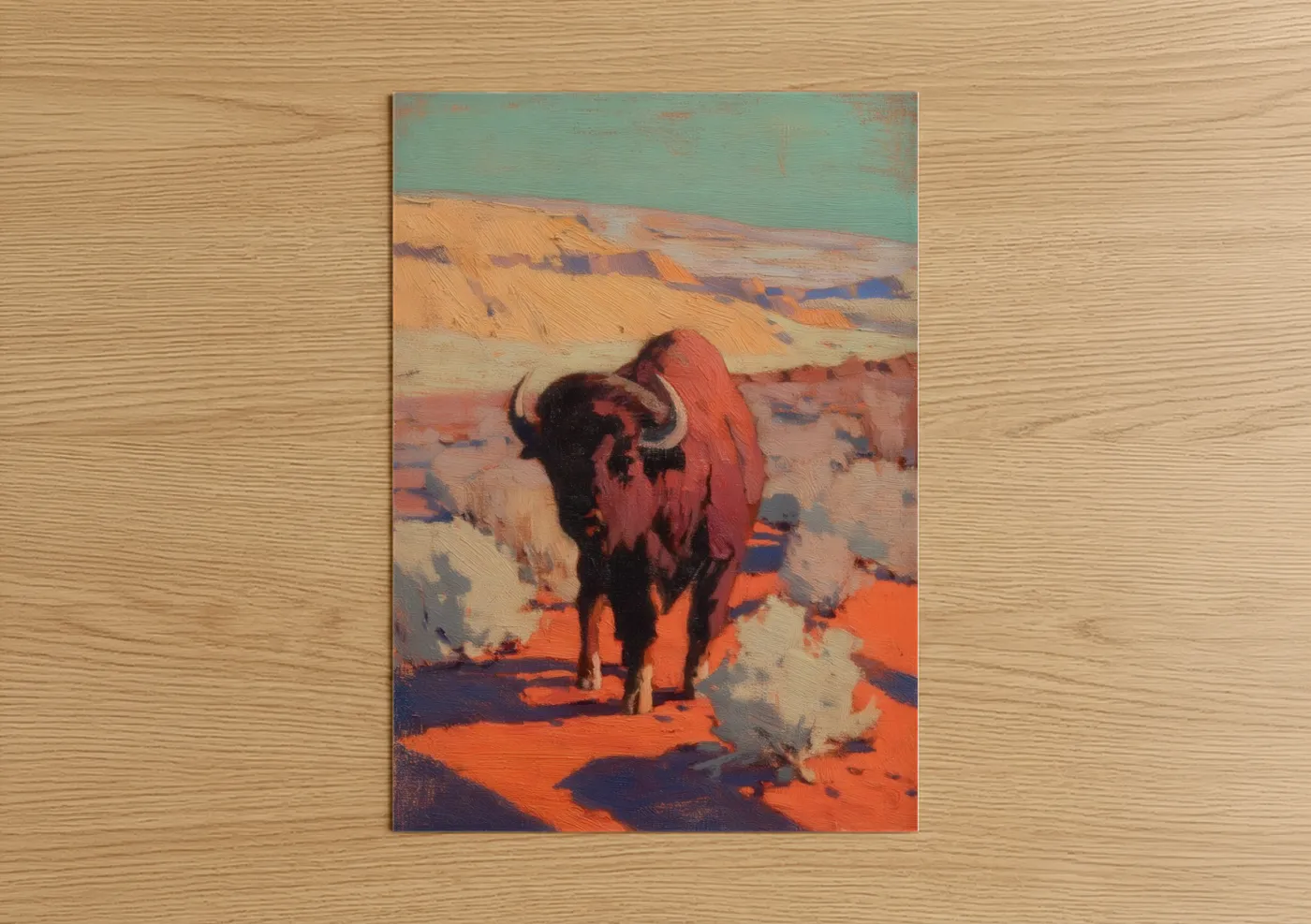 Art print on warm oak wood — gold and turquoise palette — Desert Bison poster