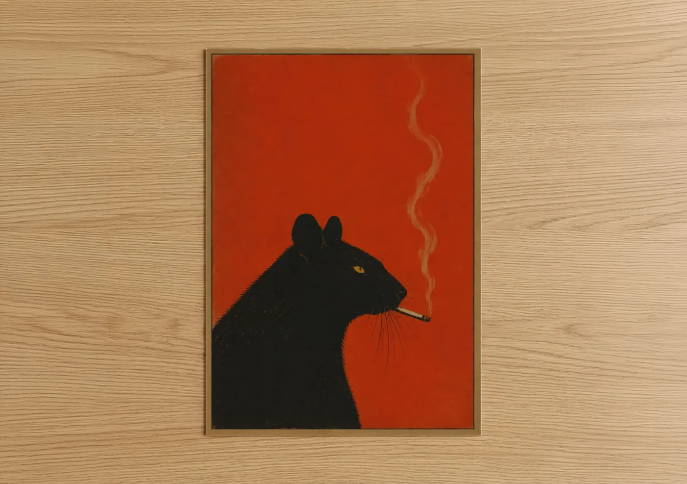 Art print on warm oak wood — orange and black palette — Black Cat Smoking Portrait Wall Art poster