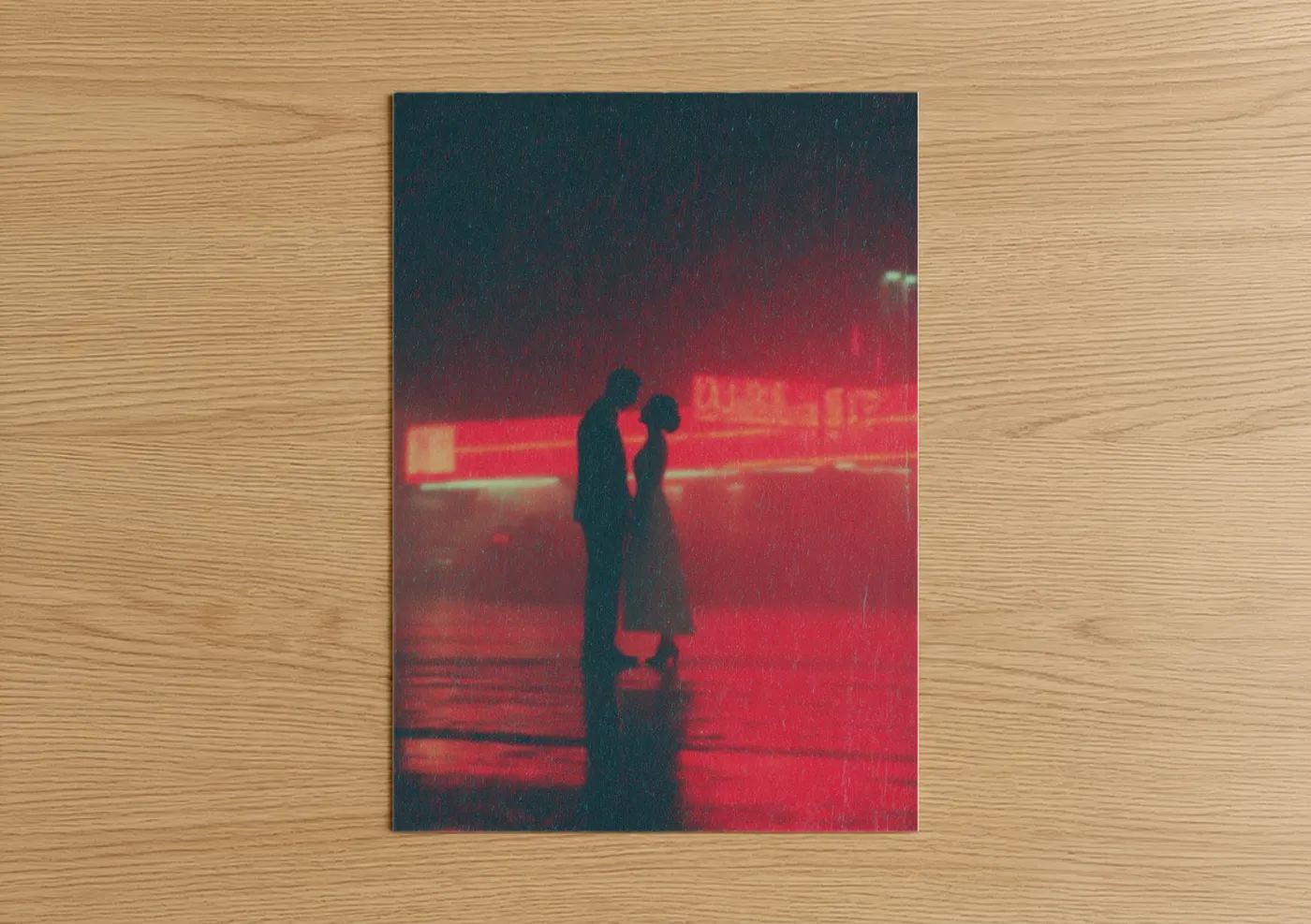 Romantic Couple Rain Neon Silhouette Wall Art