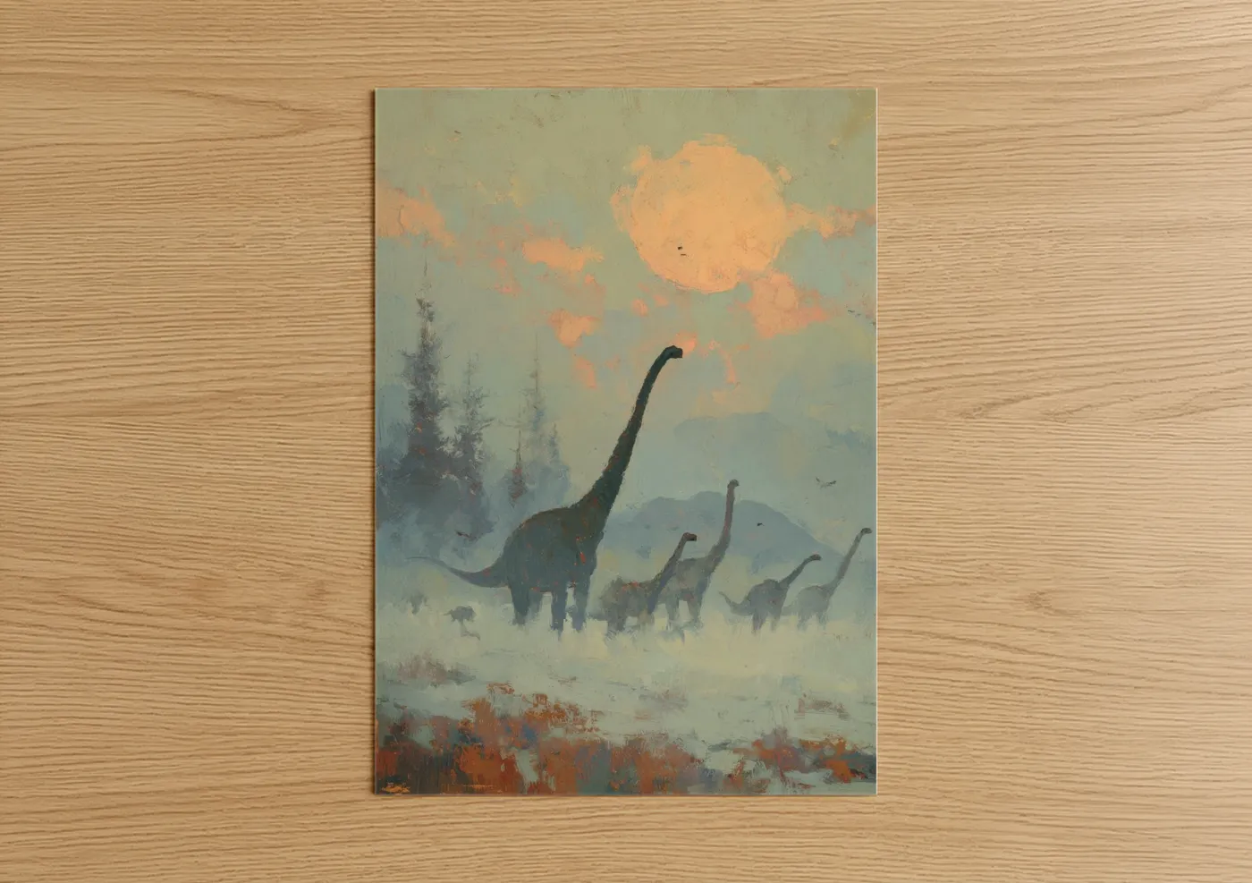 Art print on warm oak wood — peach and sage green palette — Misty Dinosaur Herd poster