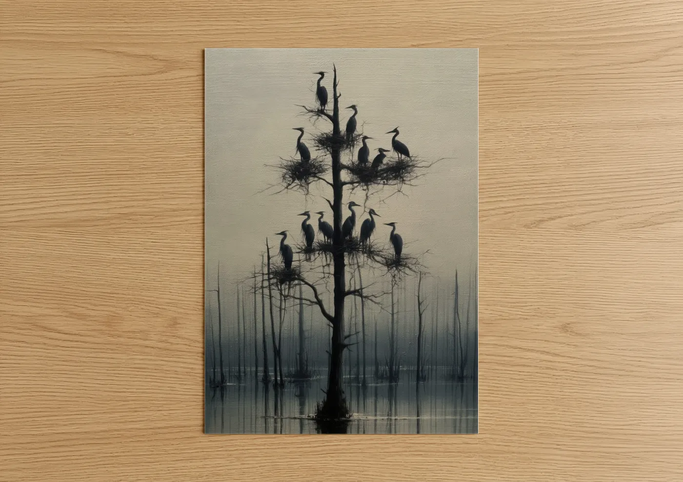 Art print on warm oak wood — black and white and dove gray palette — Heron Rookery poster