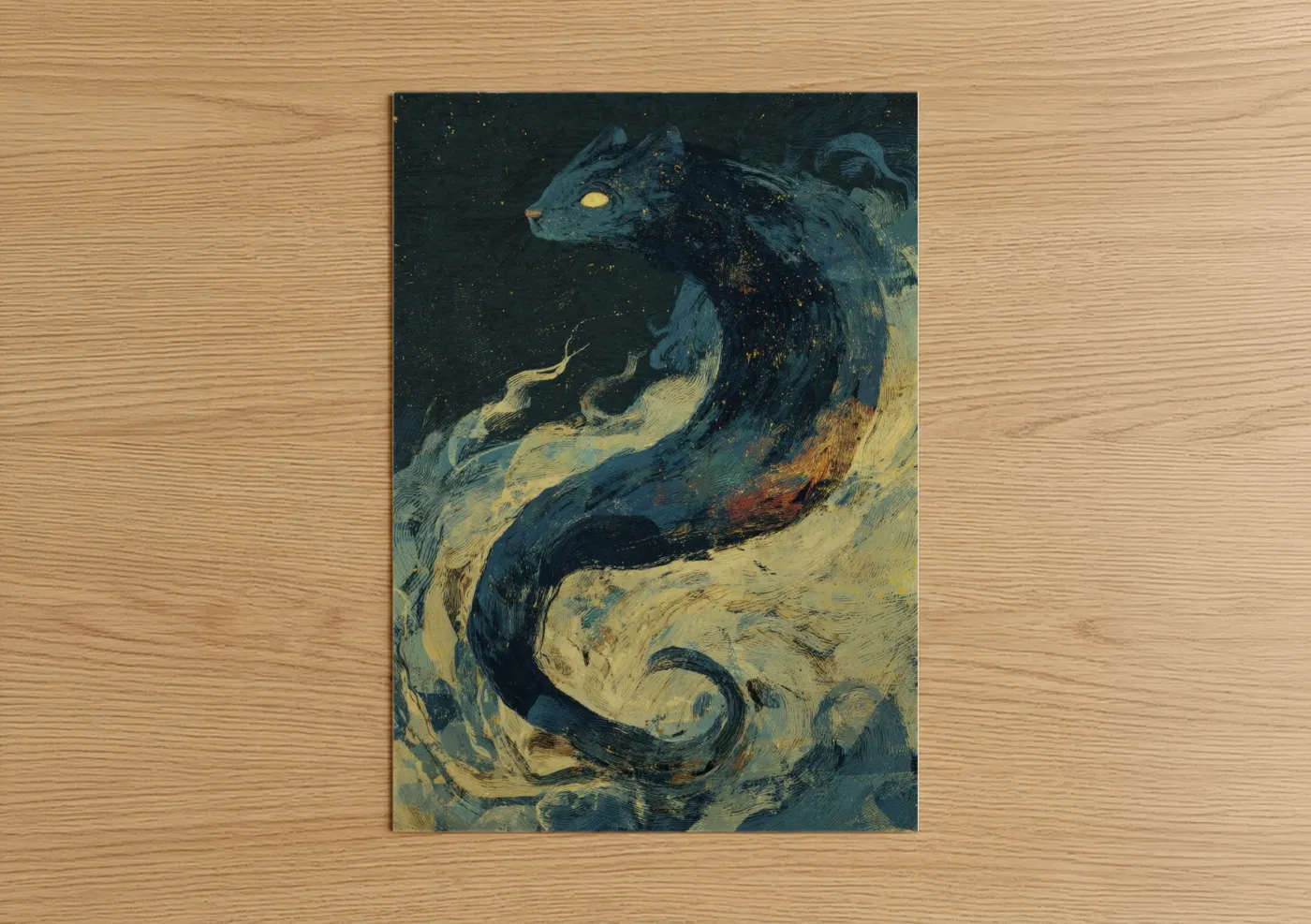 Art print on warm oak wood — dark blue and gold palette — Mystical Chimera poster
