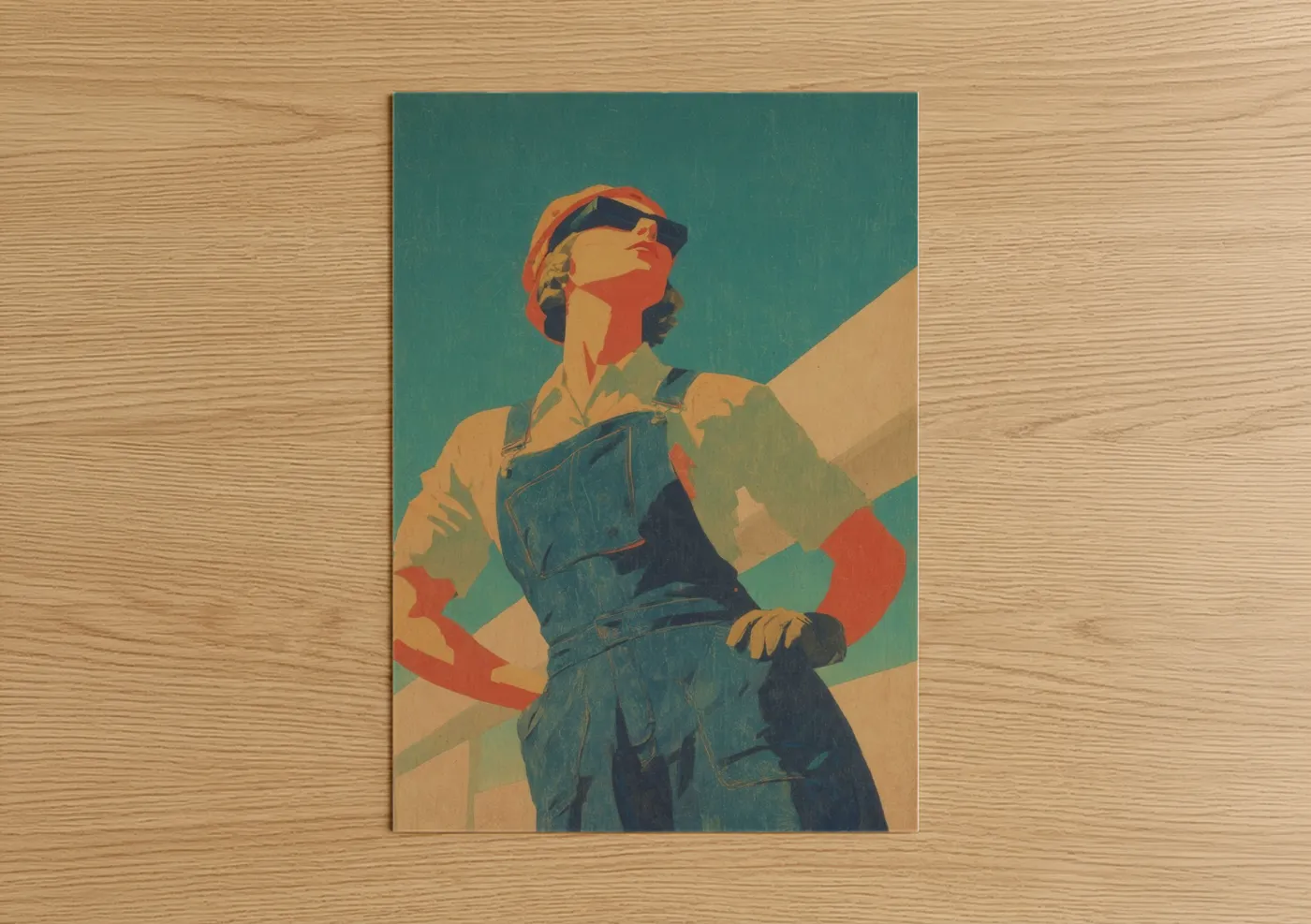 Labor day art print on warm oak wood — teal and gold palette — Empowered Worker poster