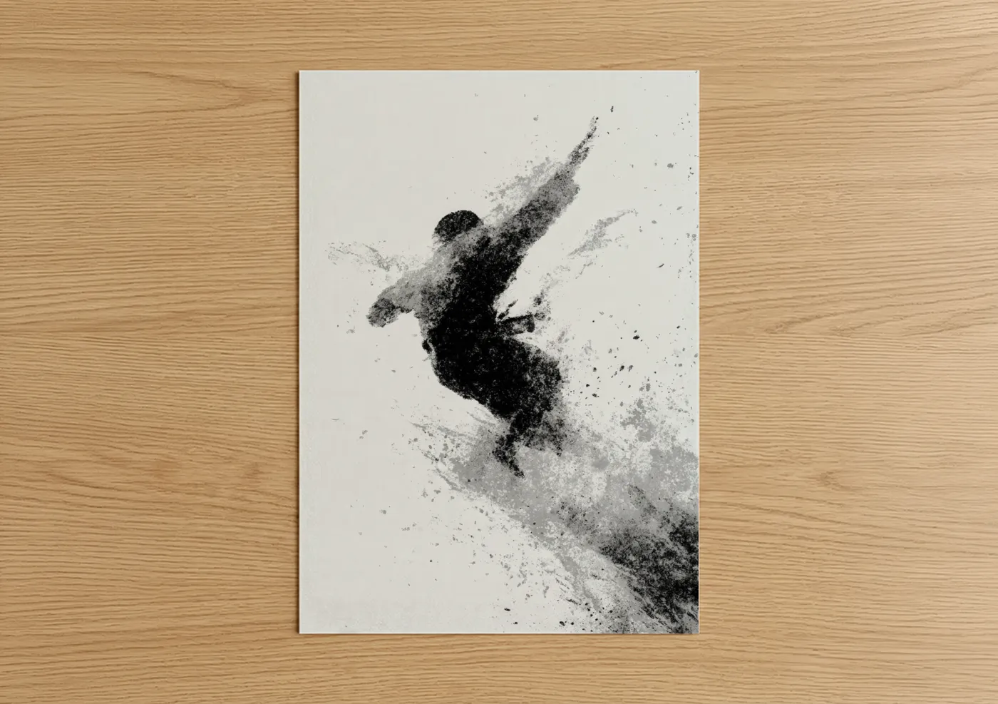 Art print on warm oak wood — black and white palette — Dynamic Capoeira Leap poster