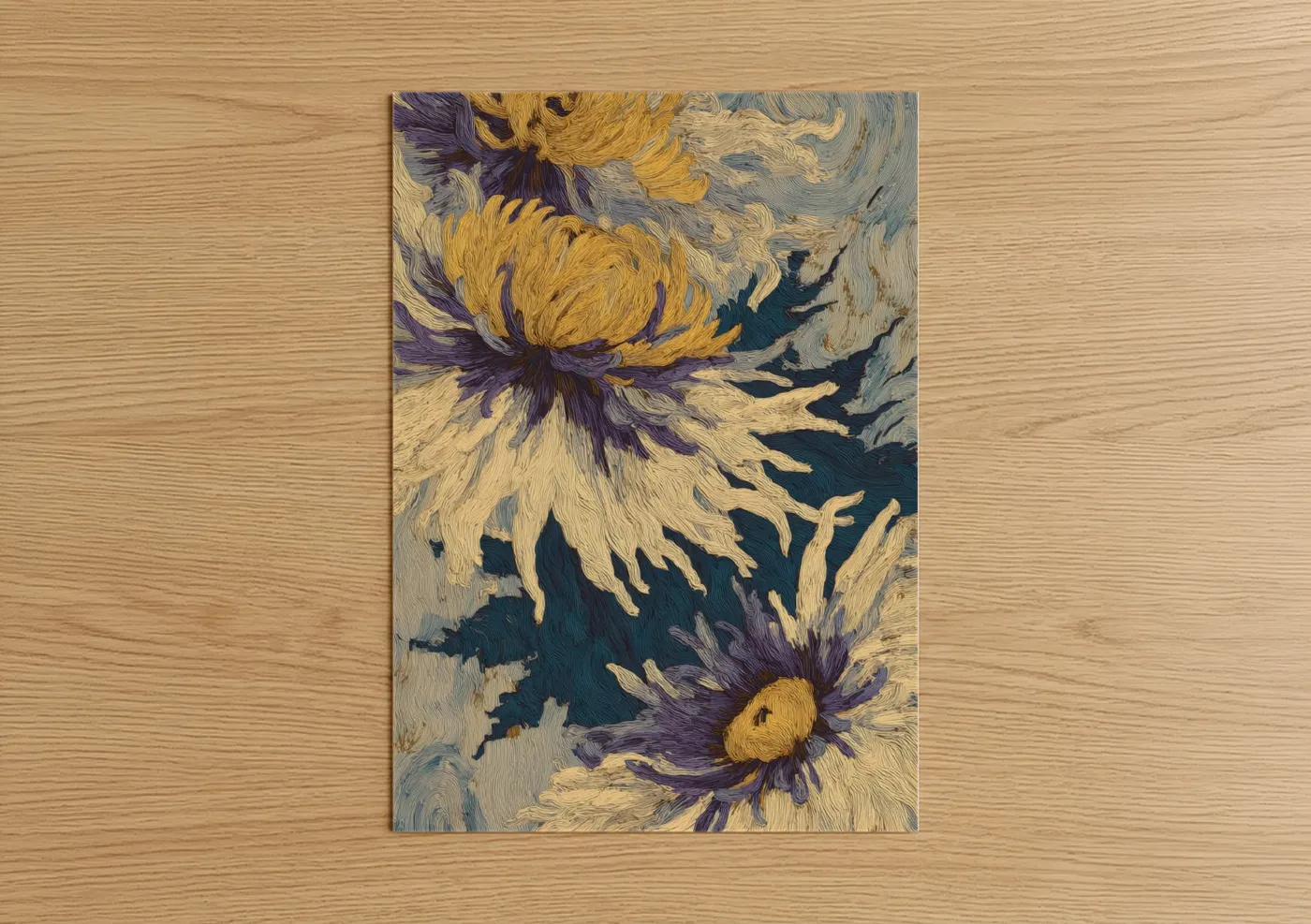 Art print on warm oak wood — gold and purple palette — Golden Chrysanthemum poster