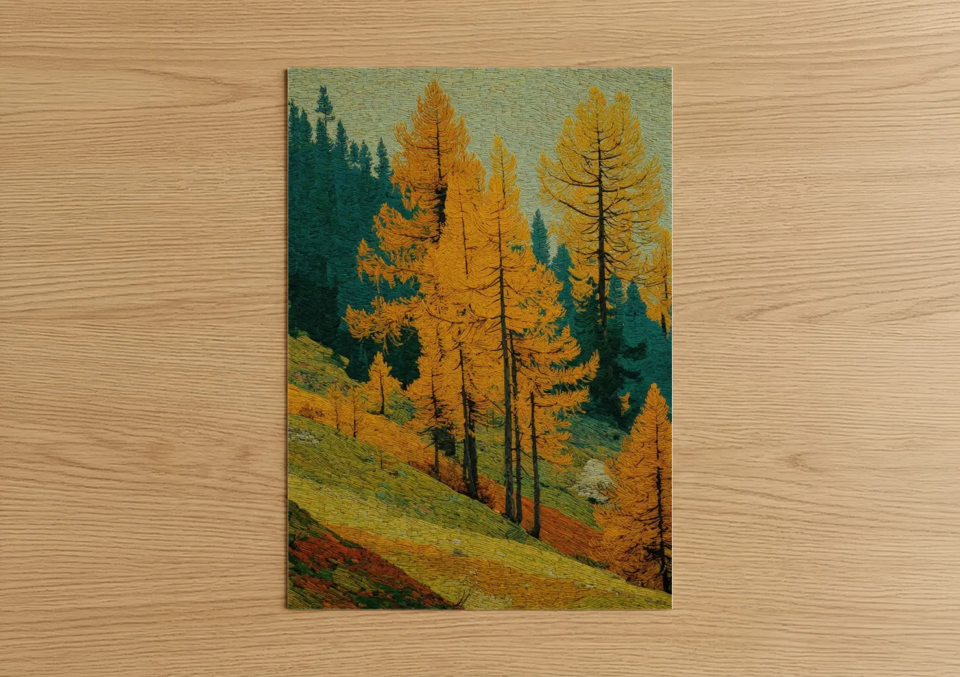 Alps art print on warm oak wood — gold and dark green palette — Golden Alpine Autumn poster