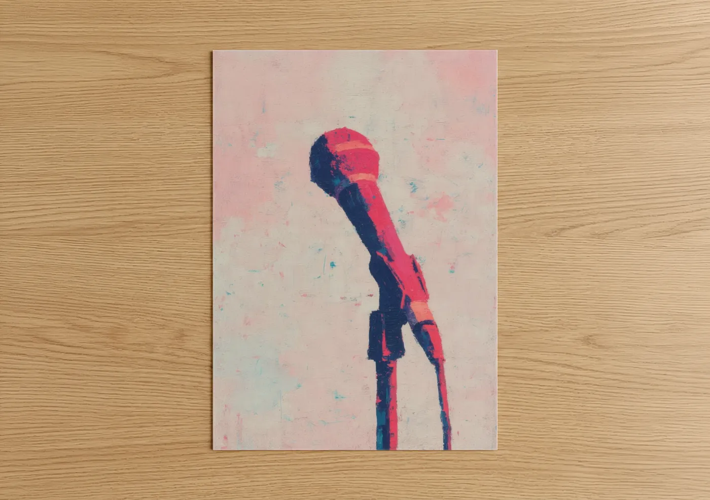 Art print on warm oak wood — pink and dark blue palette — Bold Pop Microphone poster