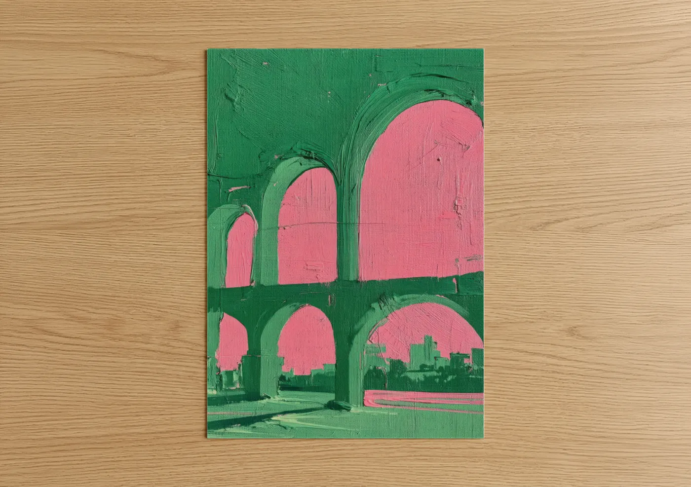 Abstract architecture art print on warm oak wood — green and pink palette — Emerald Archways poster