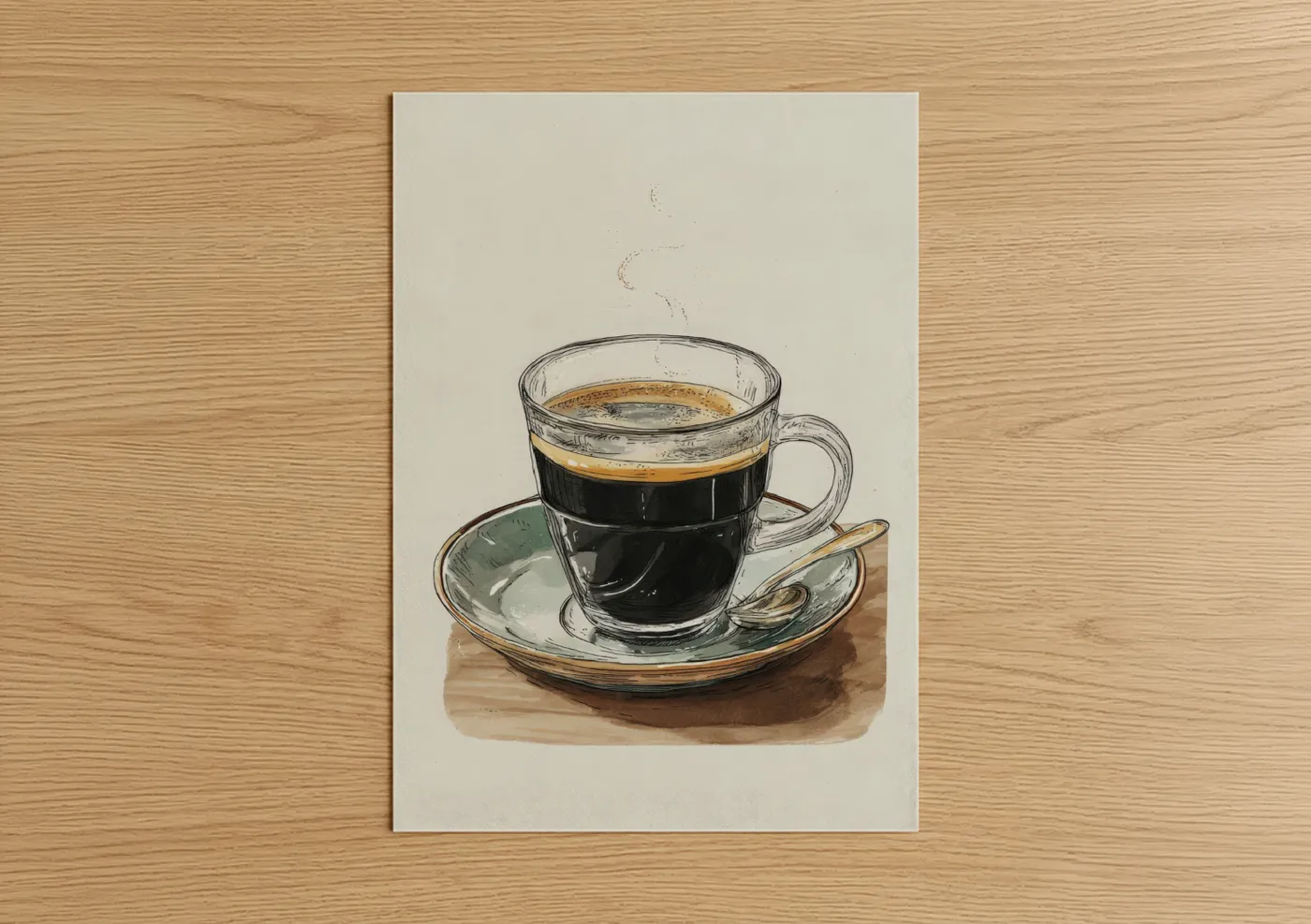 Art print on warm oak wood — sage green and black palette — Steaming Coffee Cup poster