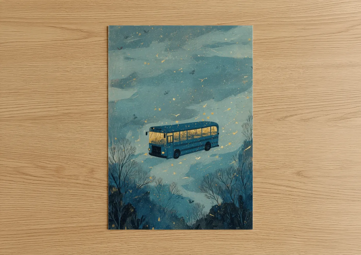 Art print on warm oak wood — blue and gold and white palette — Snowy Bus Journey poster
