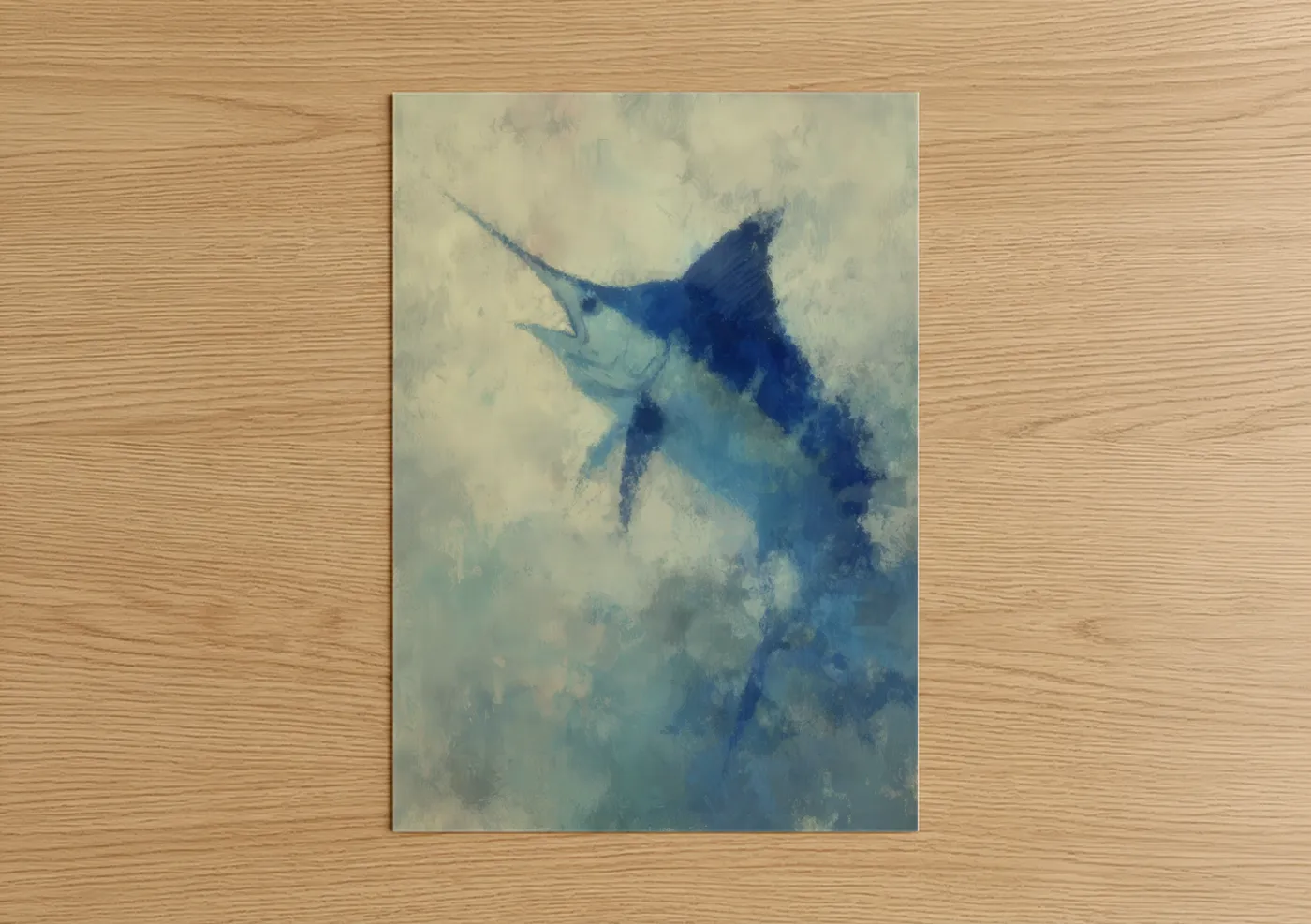 Blue marlin art print on warm oak wood — blue and cream palette — Azure Marlin poster