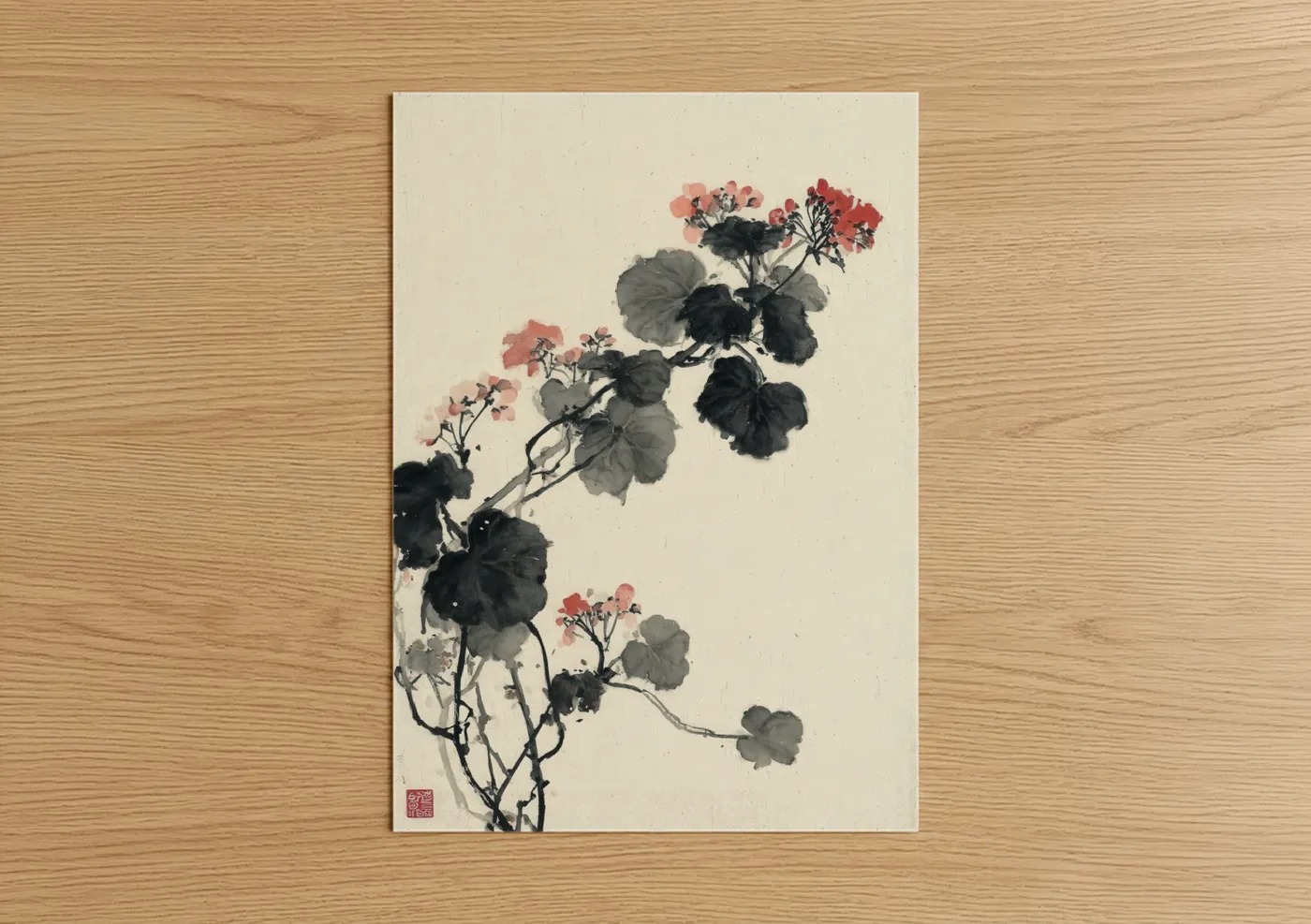 Pink Geranium Branch Watercolor Wall Art