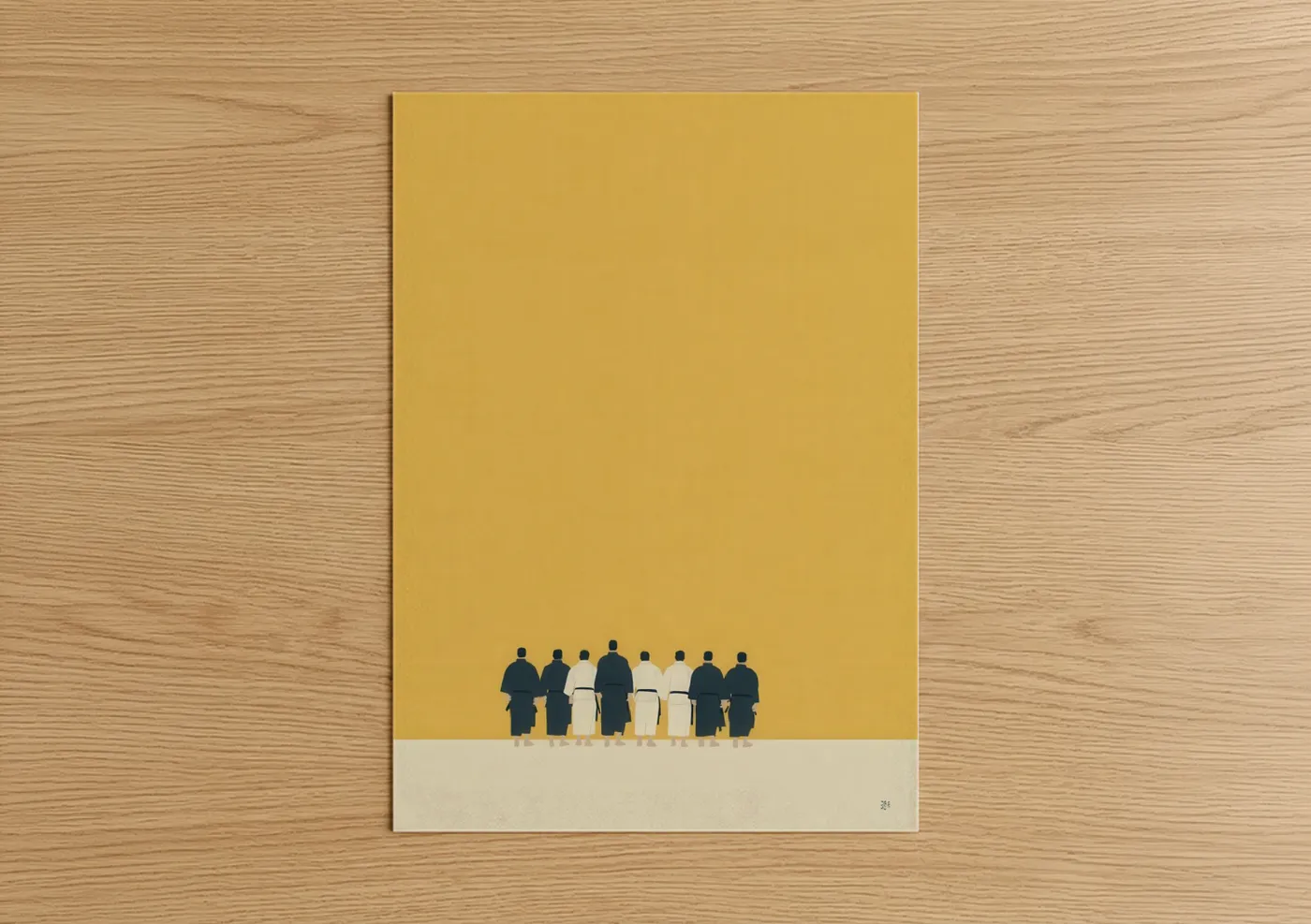 Jiu jutsu art print on warm oak wood — yellow gold and beige palette — Team Jiu-Jitsu poster