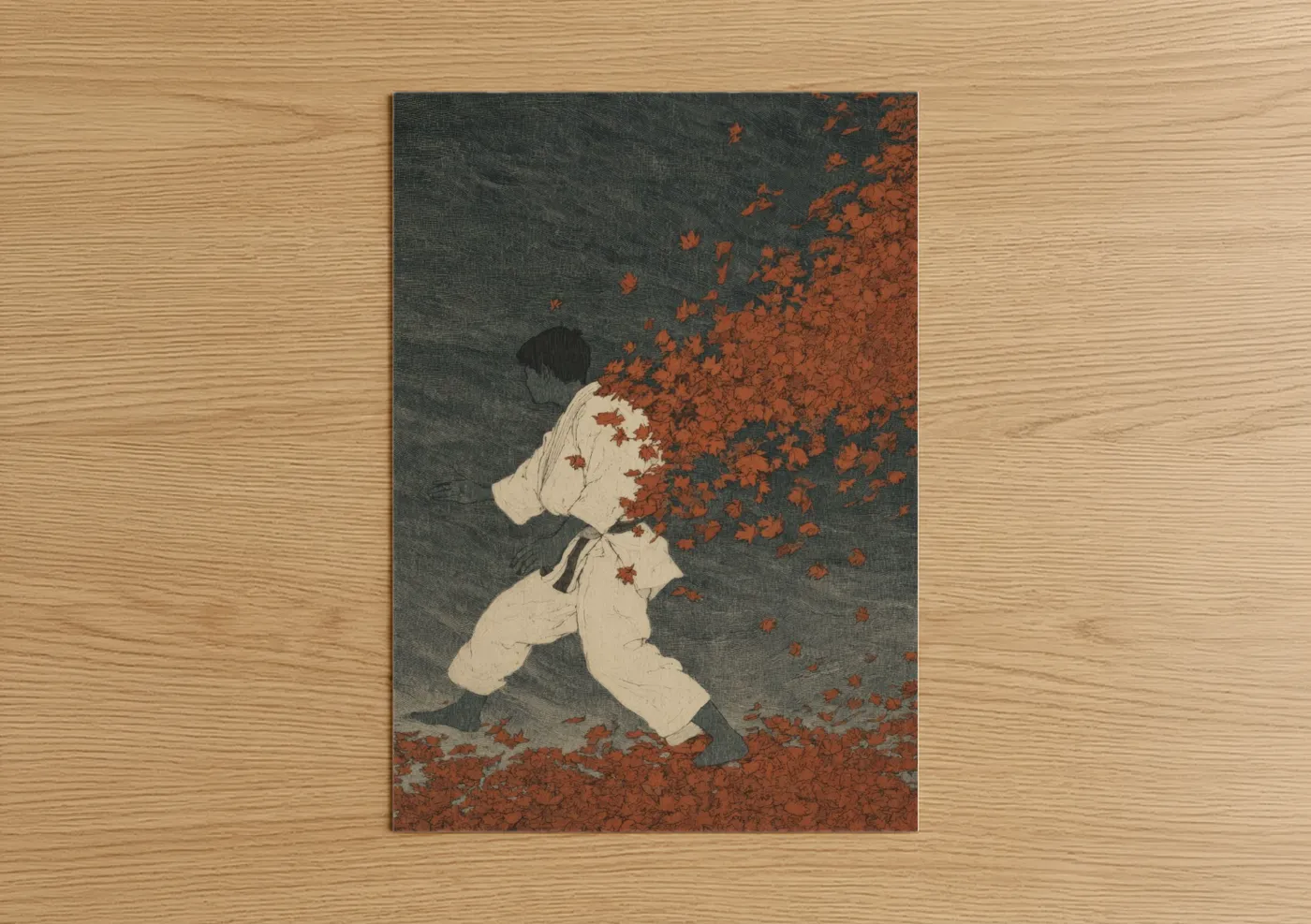 Art print on warm oak wood — dark blue and russet palette — Autumn Karate Warrior poster