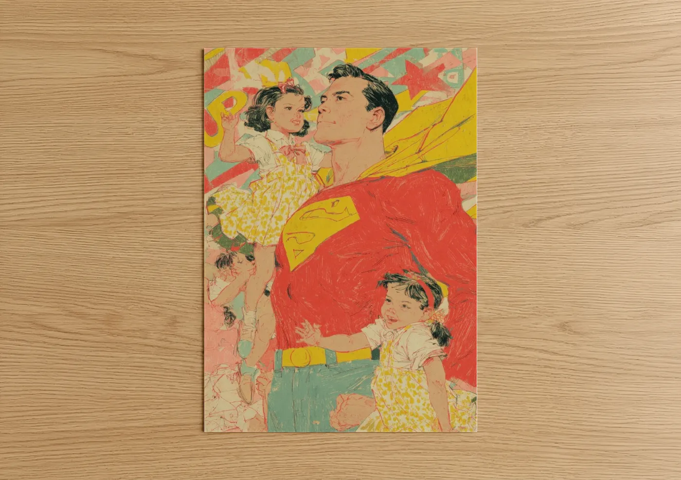 Vintage Superhero Father with Children Wall Art