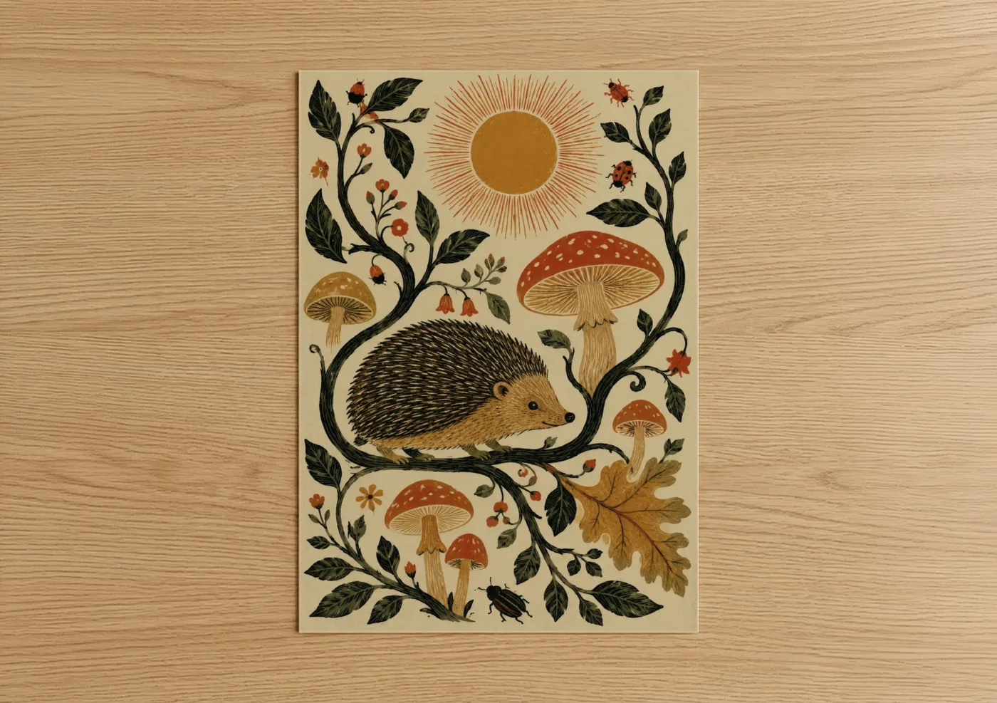 Art print on warm oak wood — gold and beige palette — Forest Hedgehog Botanical Wall Art poster