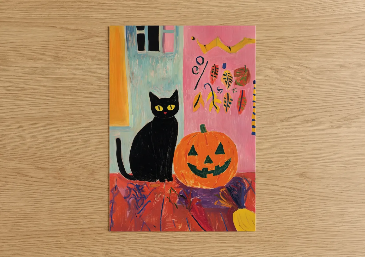 Art print on warm oak wood — pink and orange palette — Halloween Black Cat poster