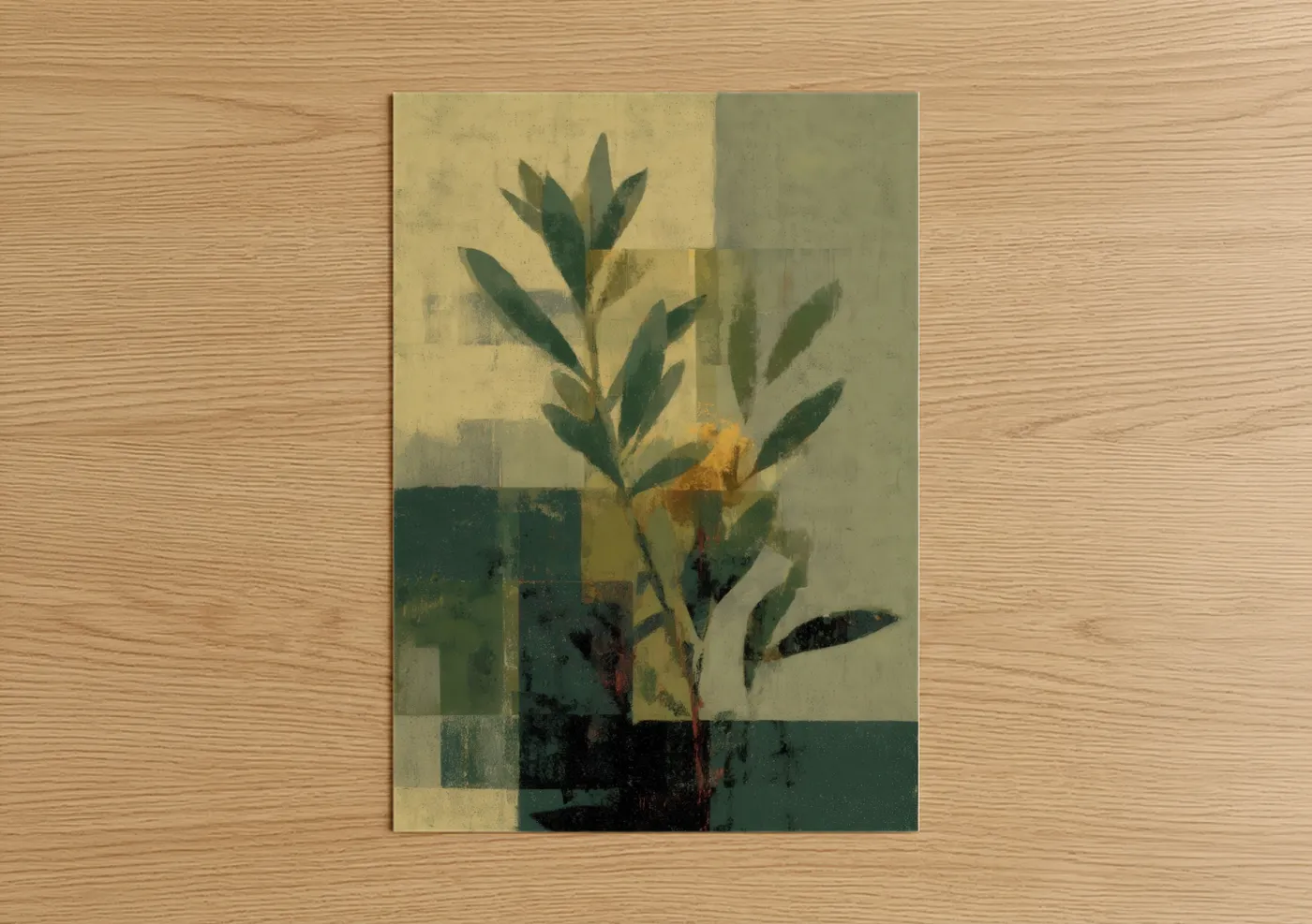 Olive tree art print on warm oak wood — sage green and beige palette — Abstract Olive poster