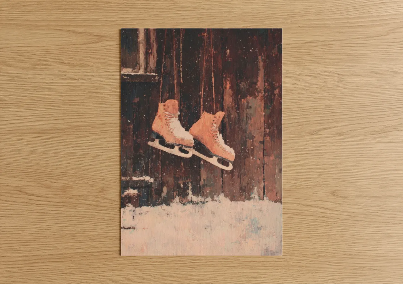 Ice skating art print on warm oak wood — russet and cream palette — Vintage Ice Skates poster