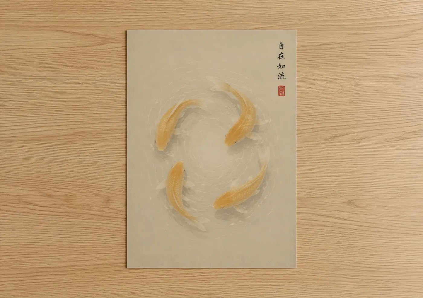 Art print on warm oak wood — beige and gold palette — Golden Koi Fish Circle Wall Art poster