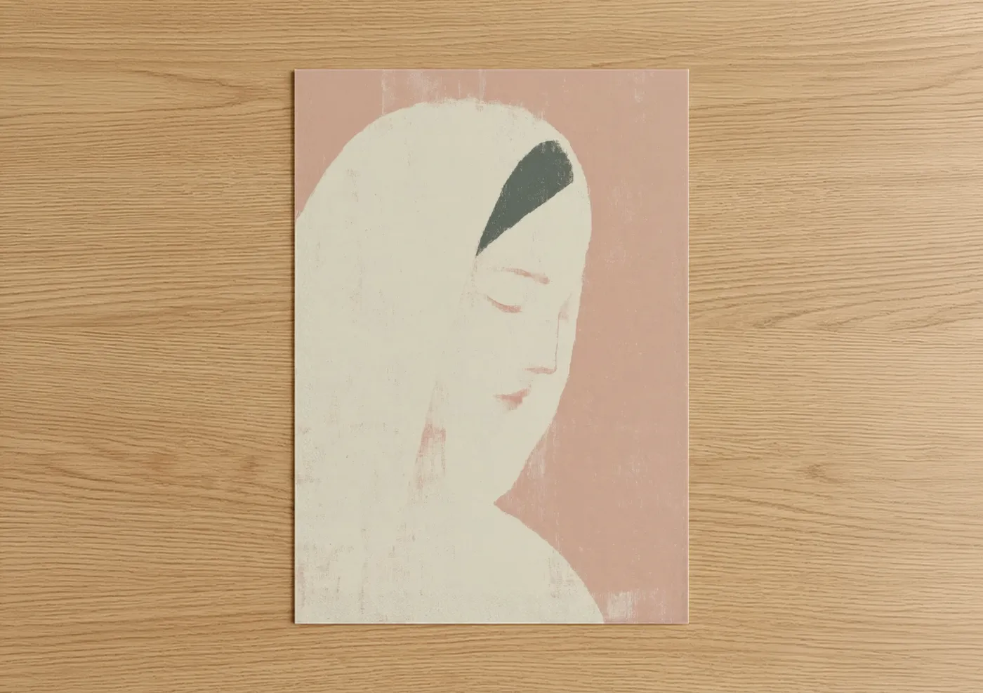 Art print on warm oak wood — cream and peach palette — Serene Virgin Mary poster