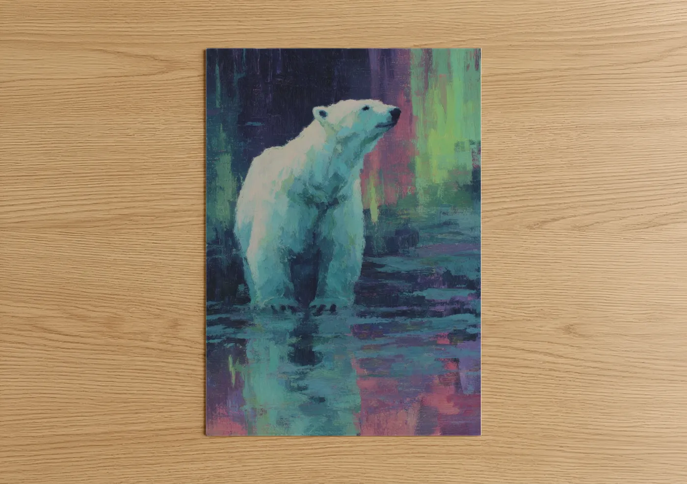 Art print on warm oak wood — blue and purple palette — Aurora Polar Bear poster