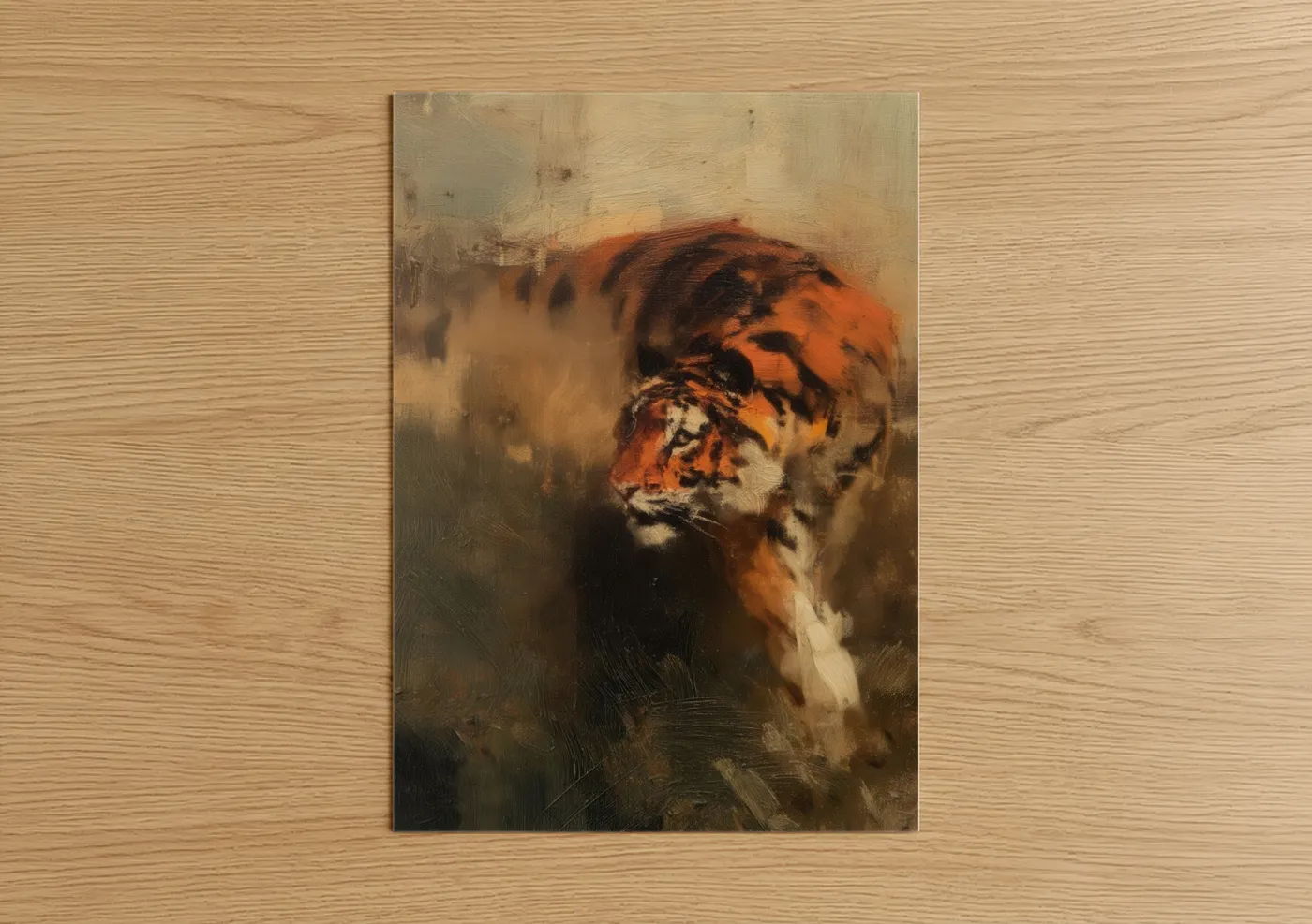 Art print on warm oak wood — gold and russet palette — Contemplative Tiger poster