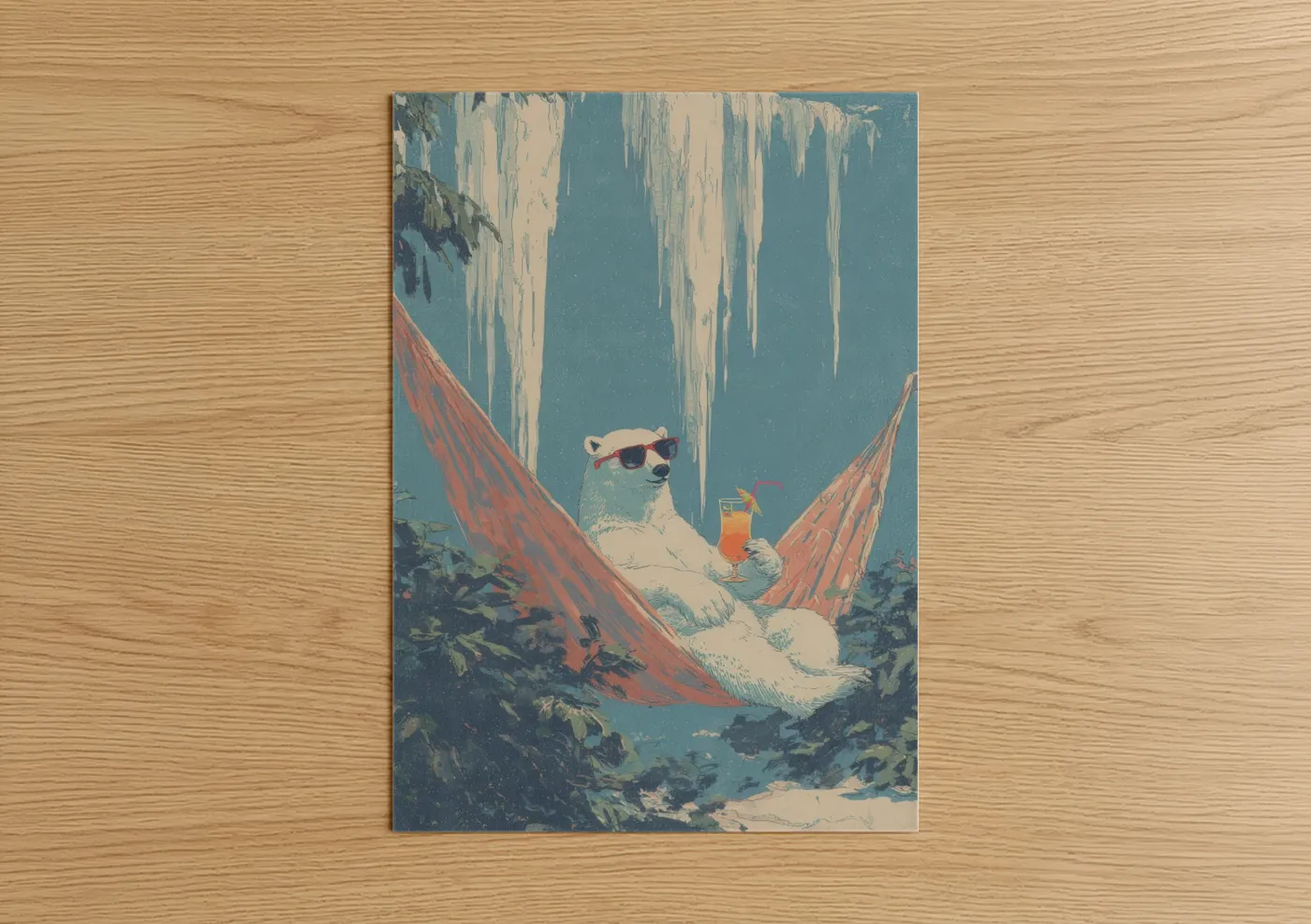 Art print on warm oak wood — blue and cream palette — Chilled Polar Bear poster