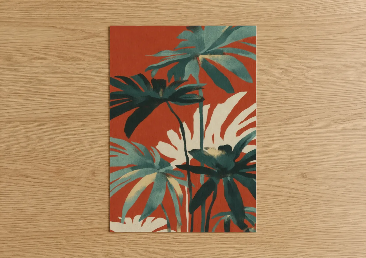 Art print on warm oak wood — teal palette — Tropical Leaf Silhouettes poster
