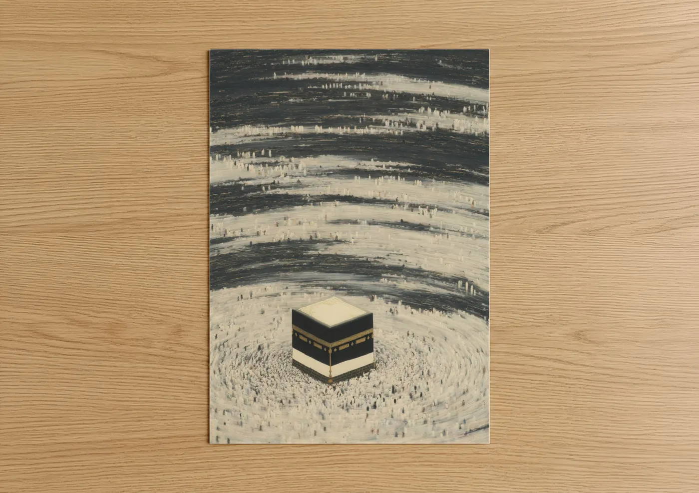 Islam art print on warm oak wood — black and white and gray palette — Kaaba Pilgrimage poster