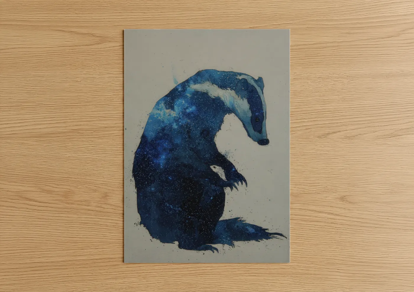 Art print on warm oak wood — dark blue and white palette — Cosmic Badger poster