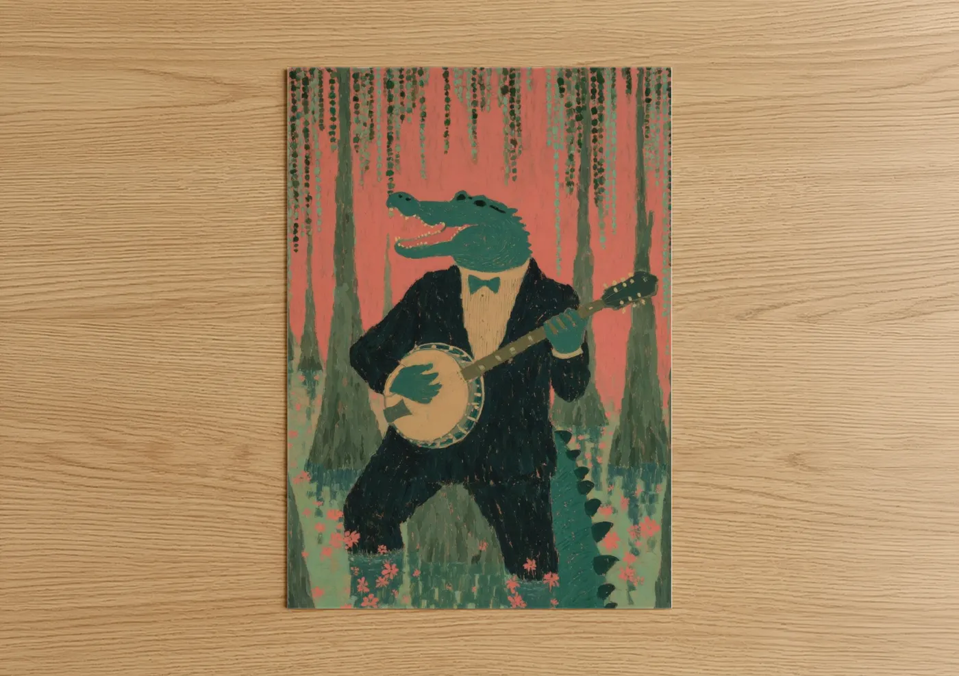 Mardi gras art print on warm oak wood — dark green palette — Alligator Musician poster