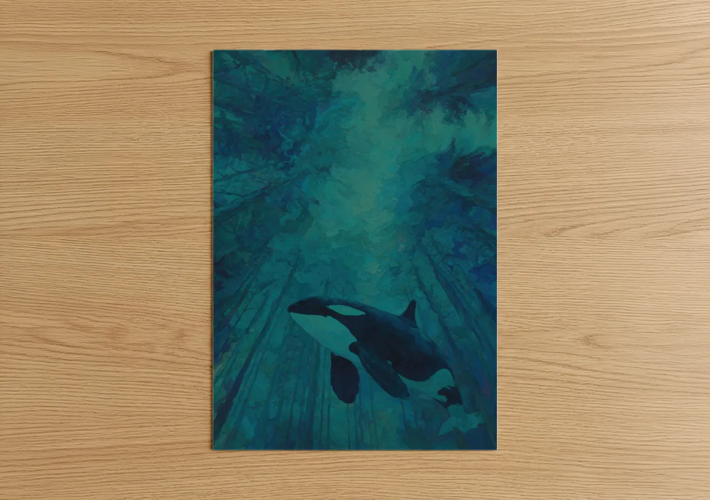 Orca whale art print on warm oak wood — teal and dark blue palette — Deep Ocean Orca poster