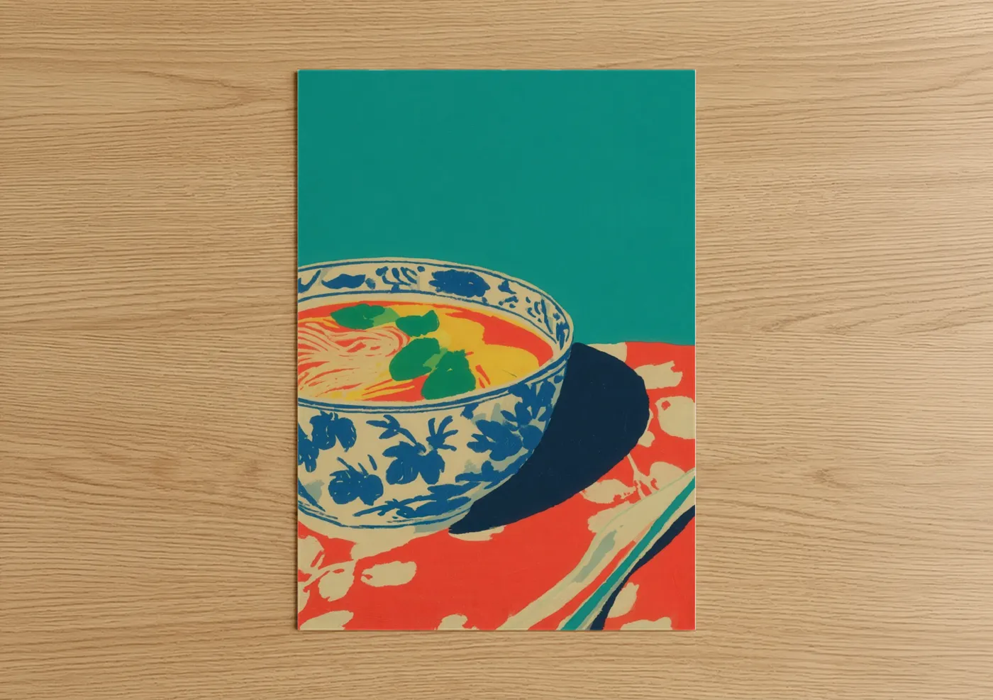 Poultry art print on warm oak wood — teal and orange palette — Spiced Noodle Bowl poster