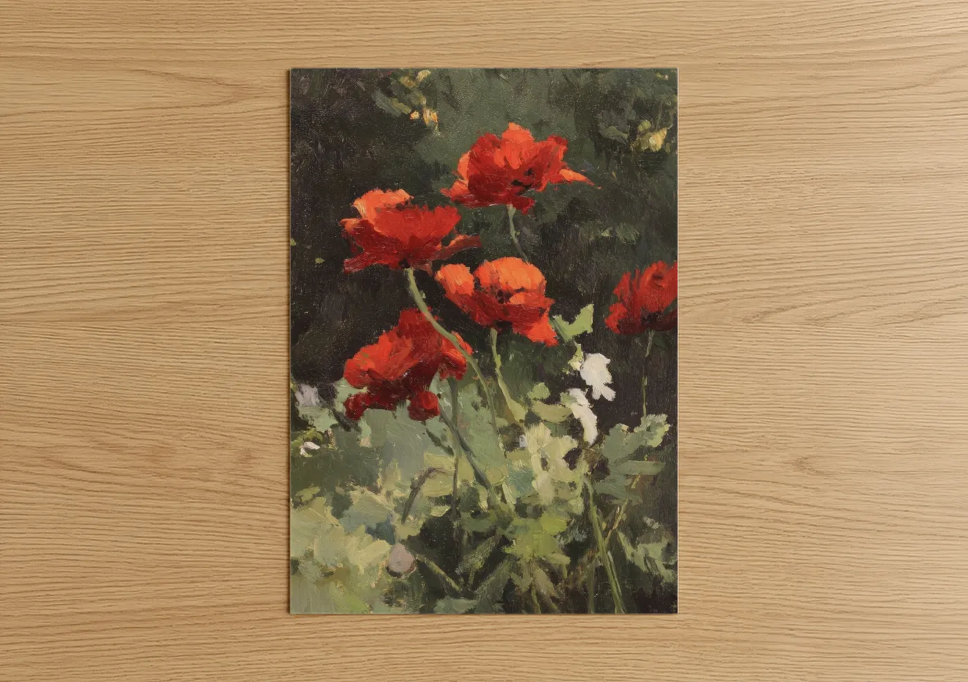 Art print on warm oak wood — red and dark green palette — Crimson Poppies poster
