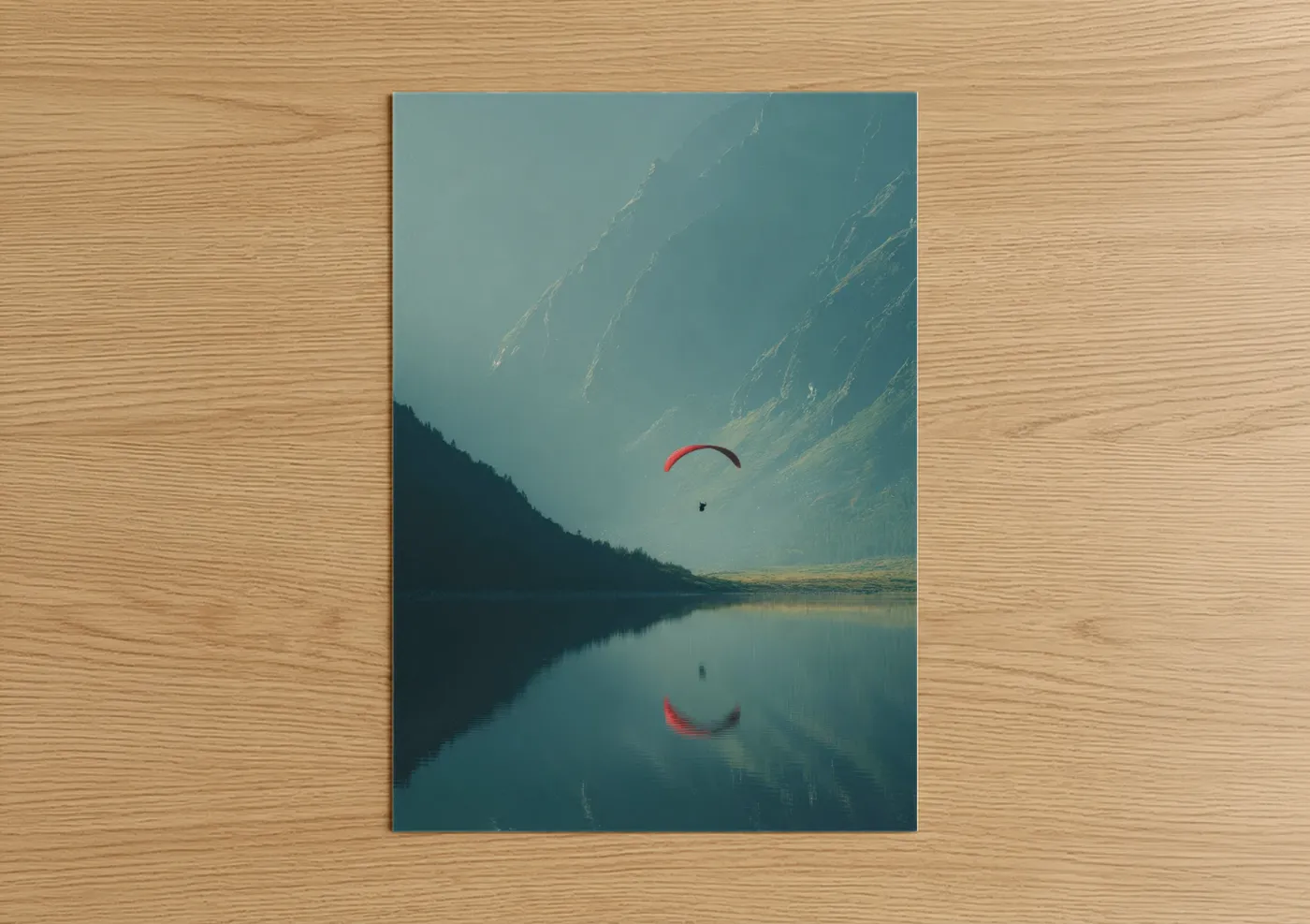 Paragliding art print on warm oak wood — teal and gold palette — Alpine Paraglider poster