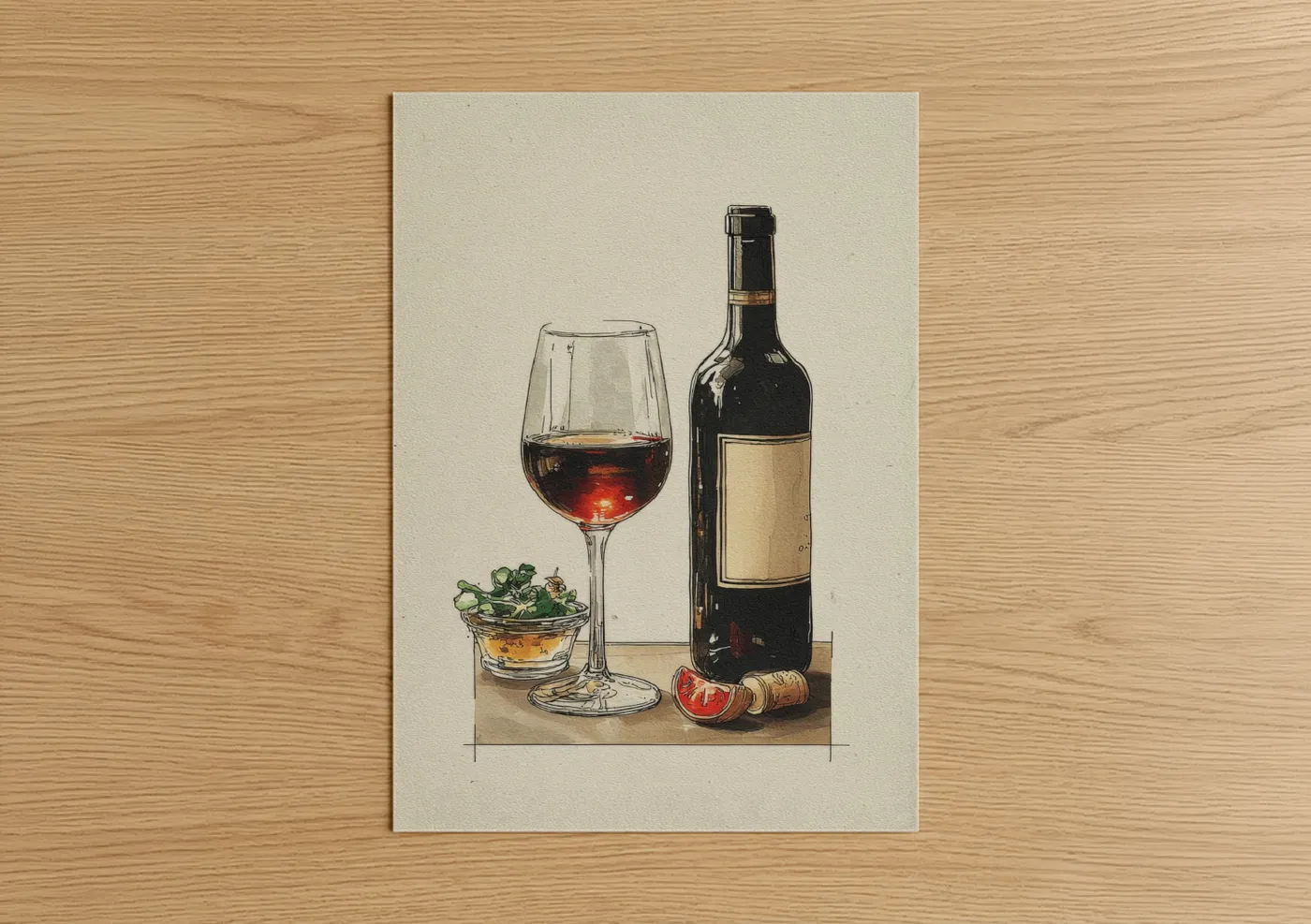 Art print on warm oak wood — cream and red palette — Red Wine Evening poster