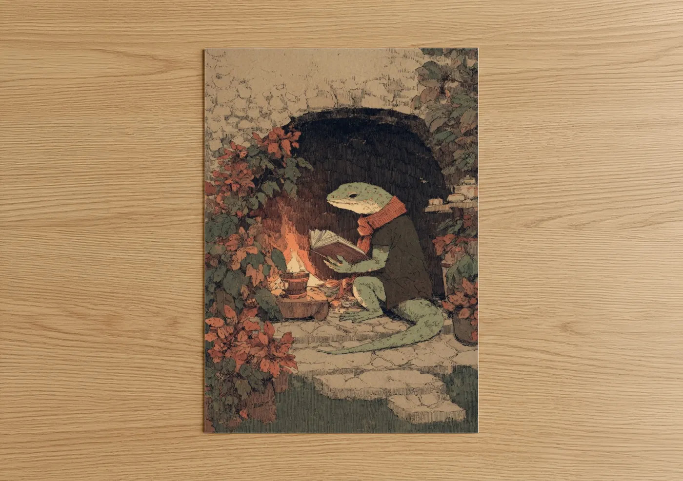 Whimsical Reading Lizard Cozy Illustration Wall Art