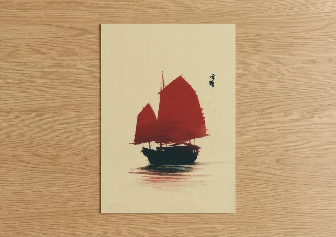 Old ships art print on warm oak wood — cream and maroon palette — Crimson Sailing Ship poster