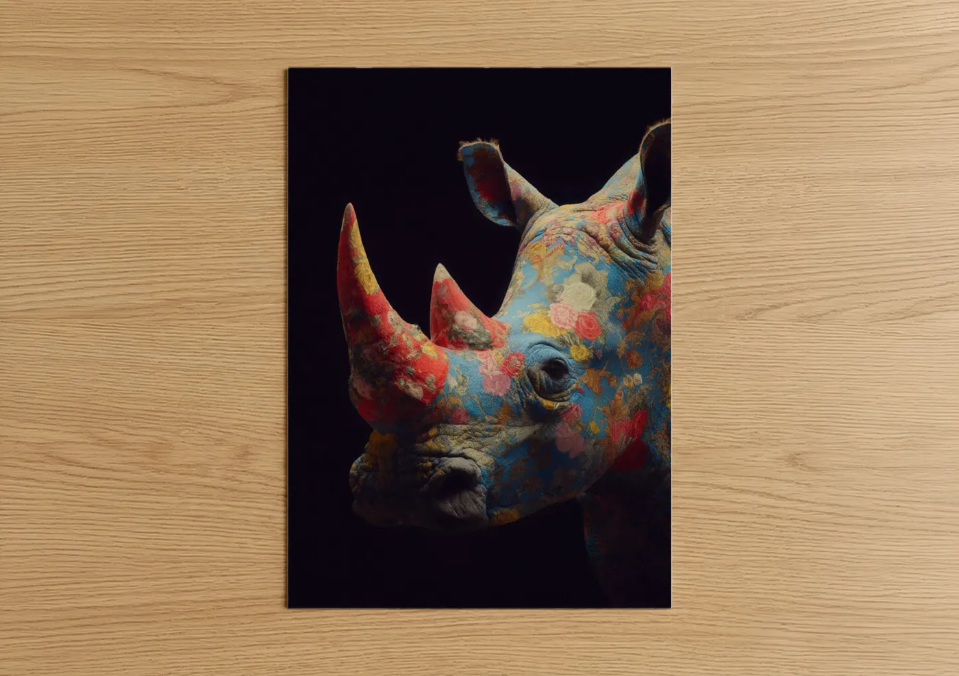 Art print on warm oak wood — red and blue palette — Floral Rhino poster