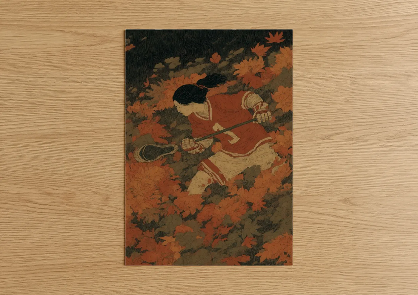 Art print on warm oak wood — russet and gold palette — Autumn Lacrosse Player poster