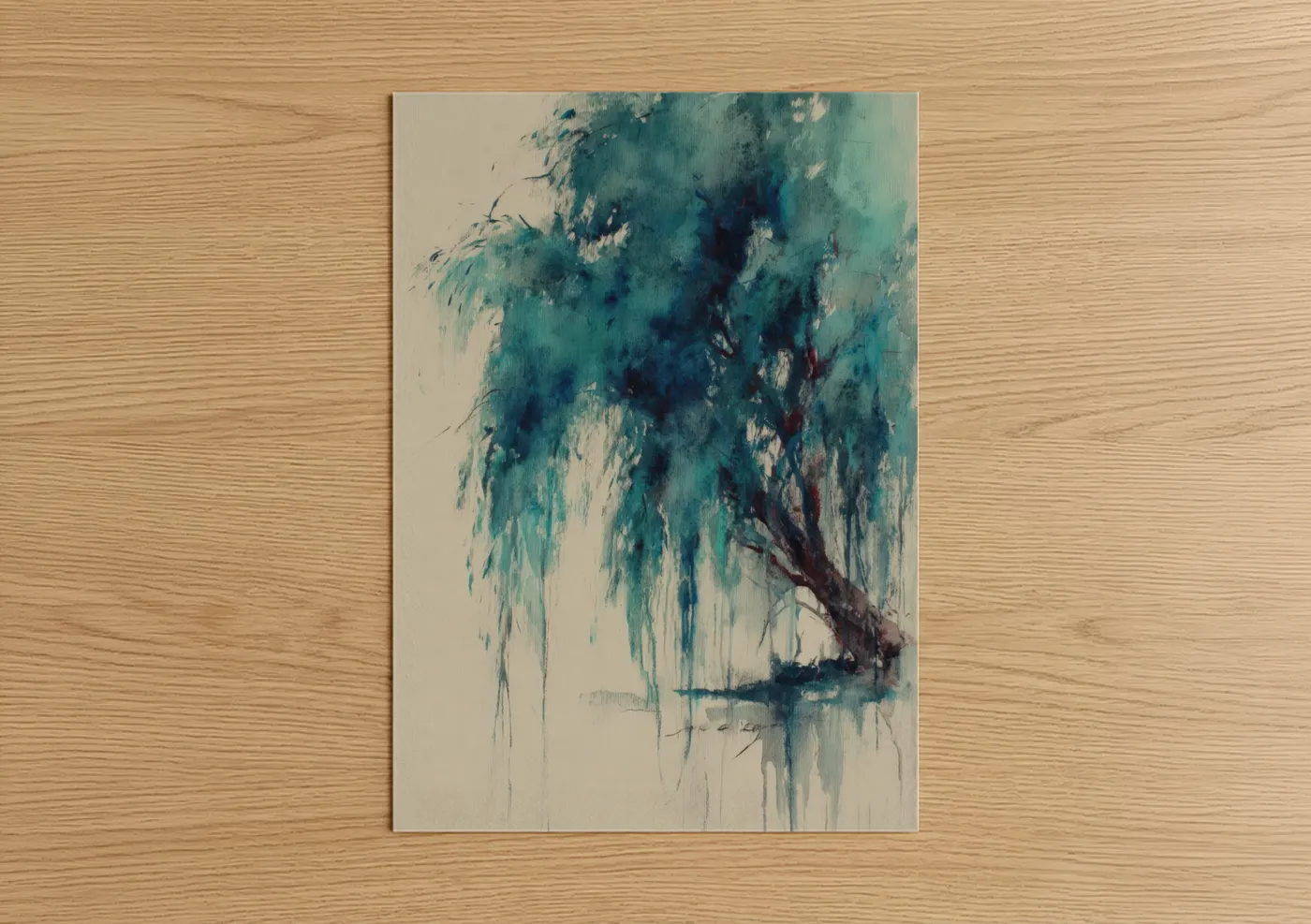 Willow tree art print on warm oak wood — teal and cream palette — Weeping Willow Reflection poster