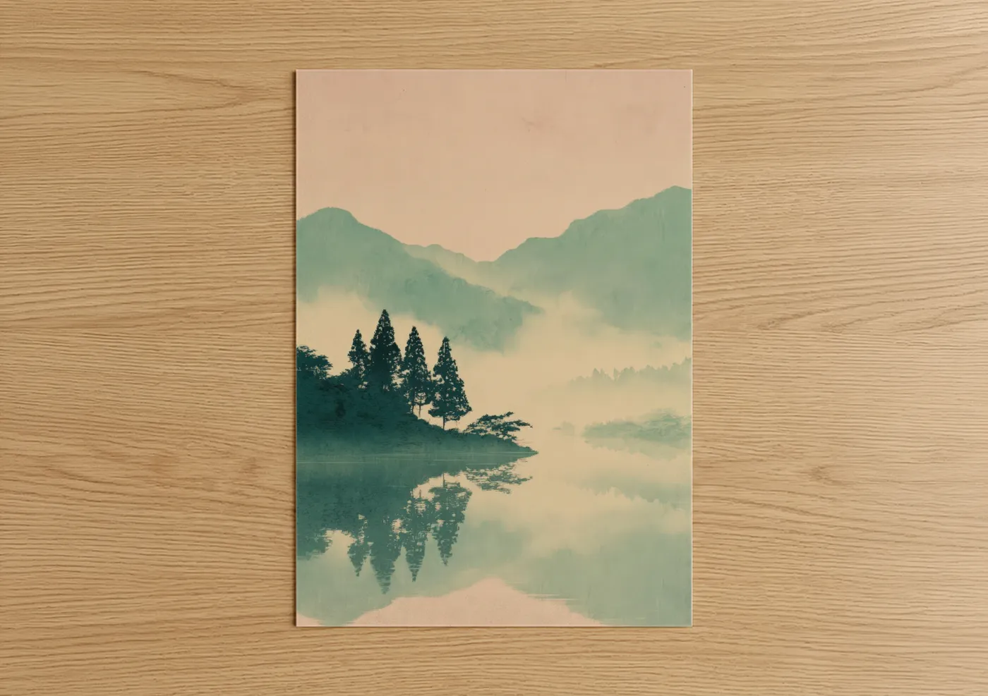 Art print on warm oak wood — sage green and beige palette — Misty Mountain Lake poster